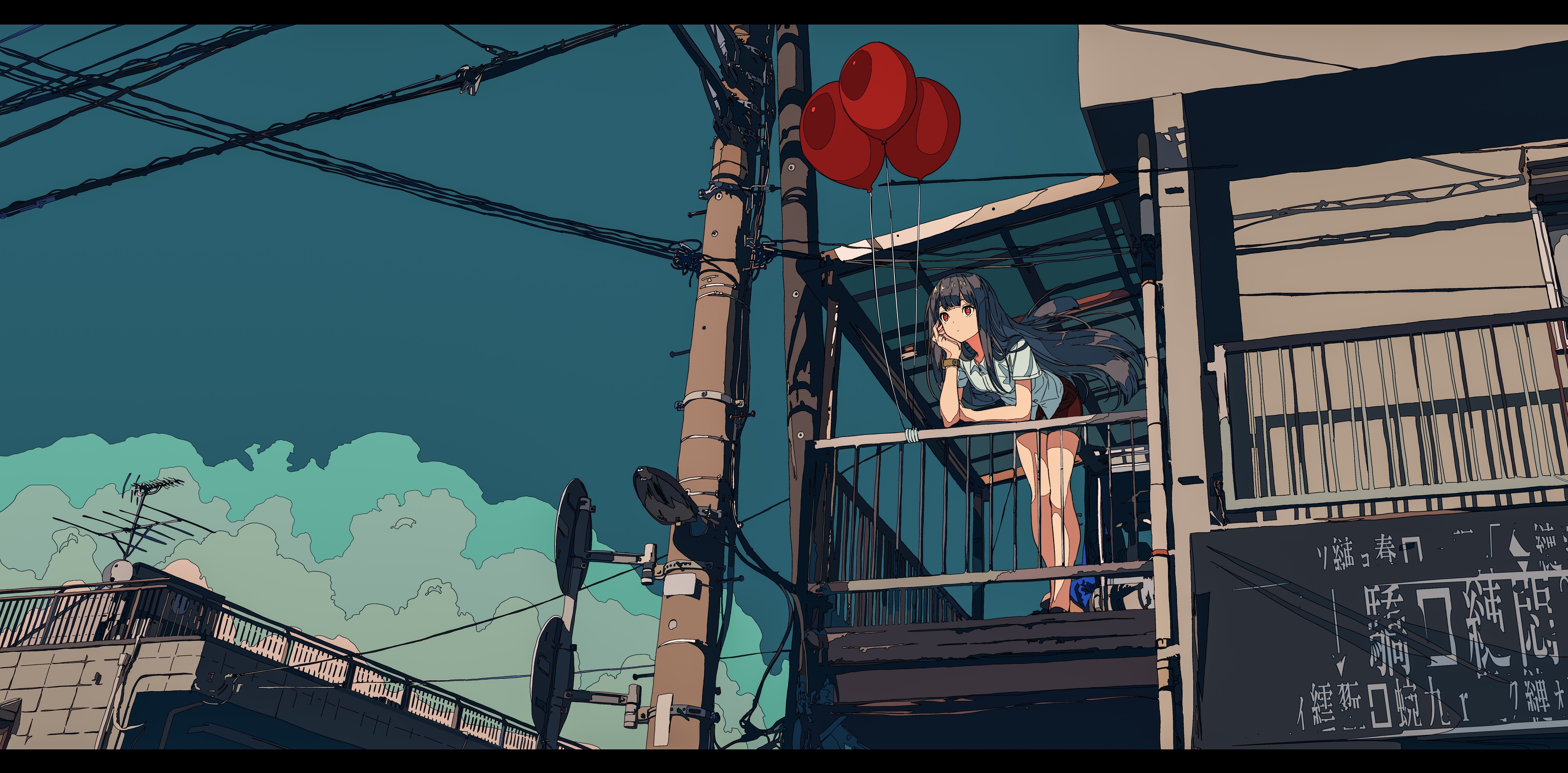 Anime girl with balloons on a balcony HD Wallpaper