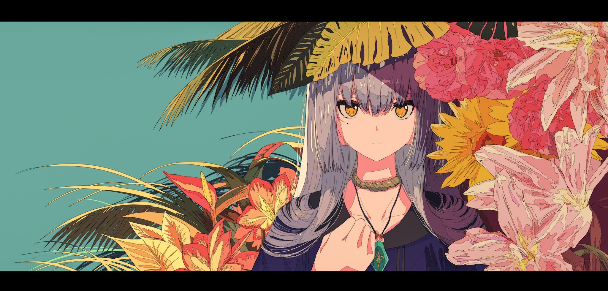 Anime girl with long hair and flowers HD Wallpaper