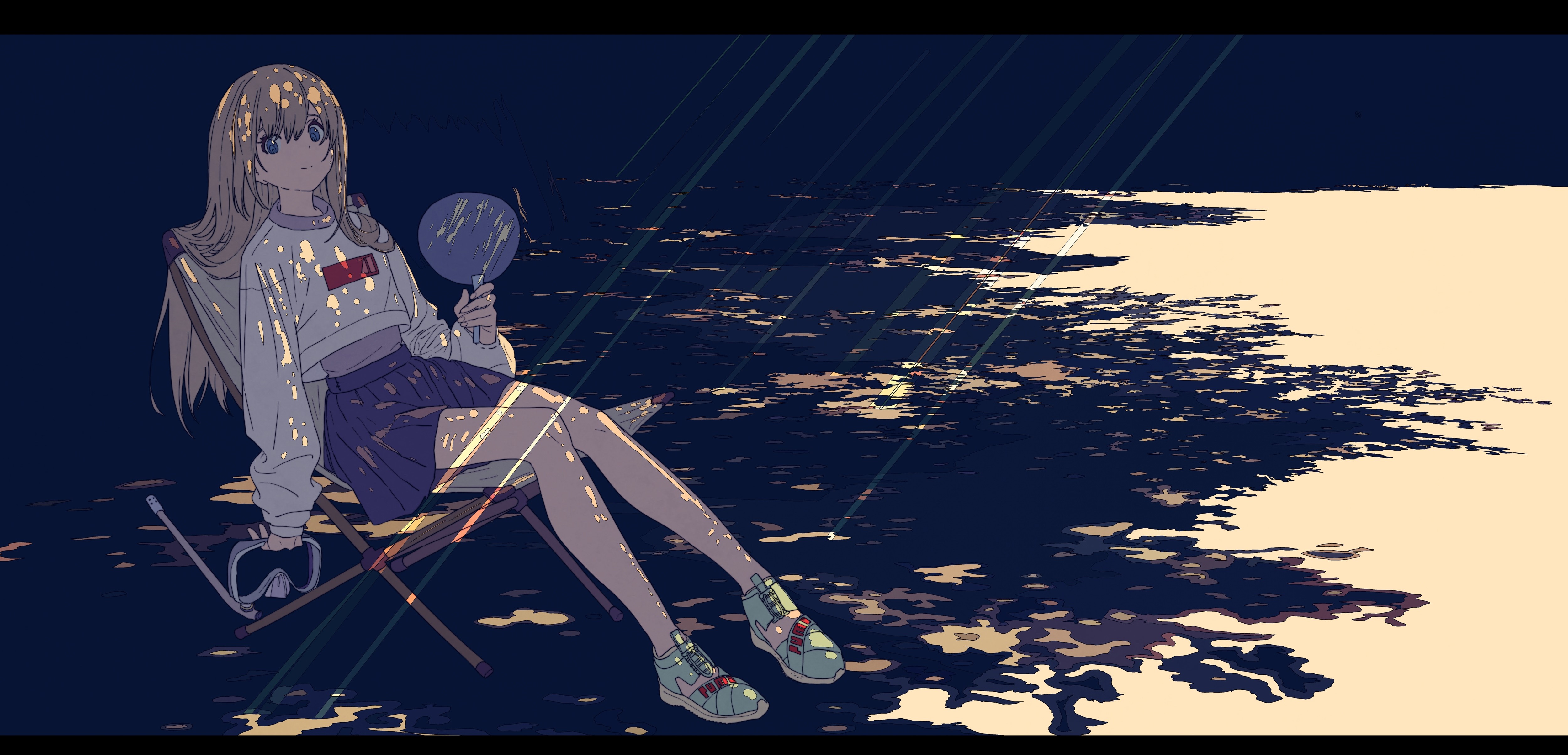 Anime girl sitting on a chair with a fan HD Wallpaper
