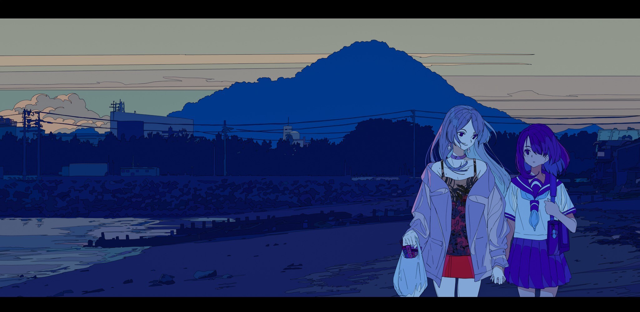 Two anime girls walking on a beach with a mountain in the background HD Wallpaper
