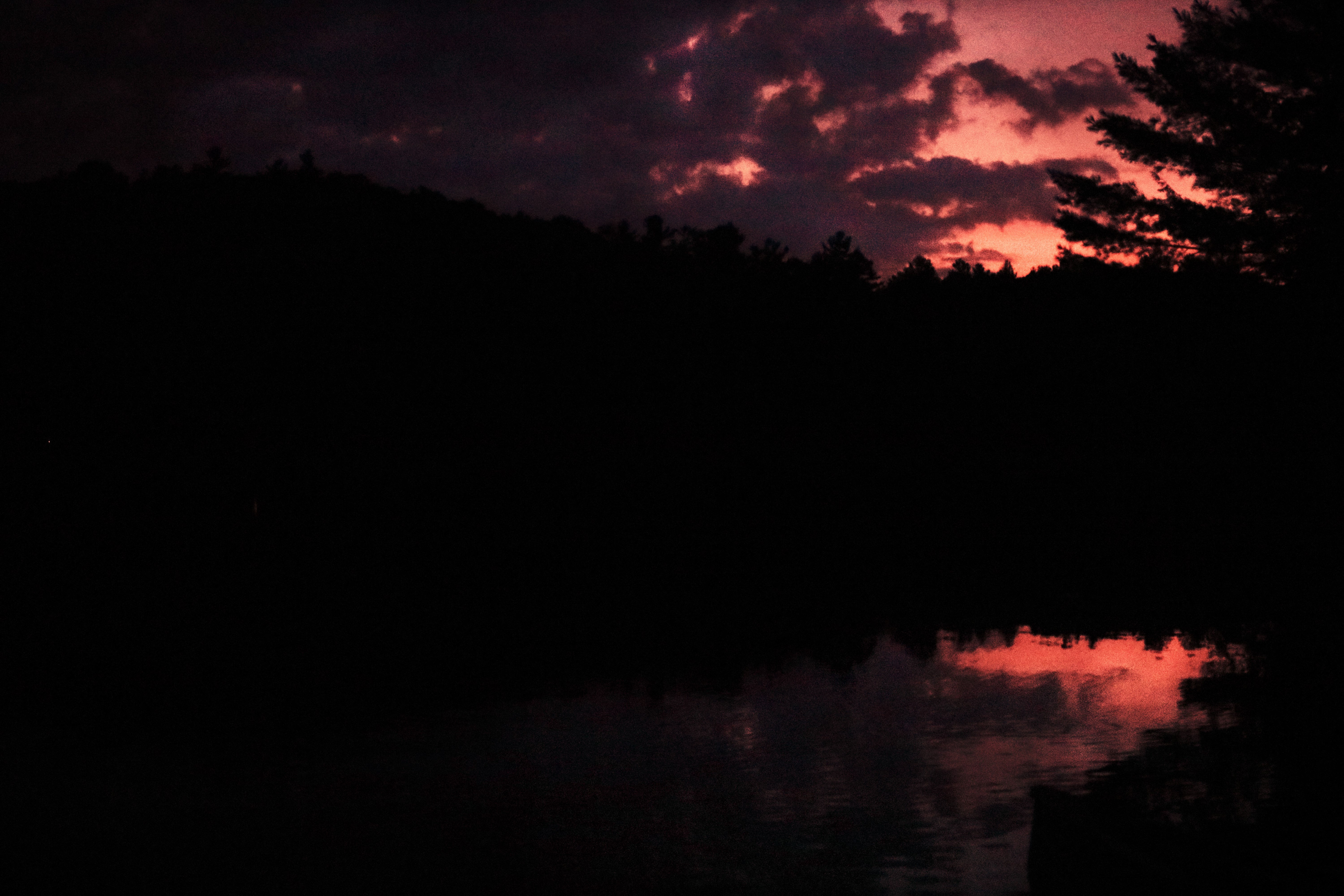 Sunset over a dark forest and lake HD Wallpaper