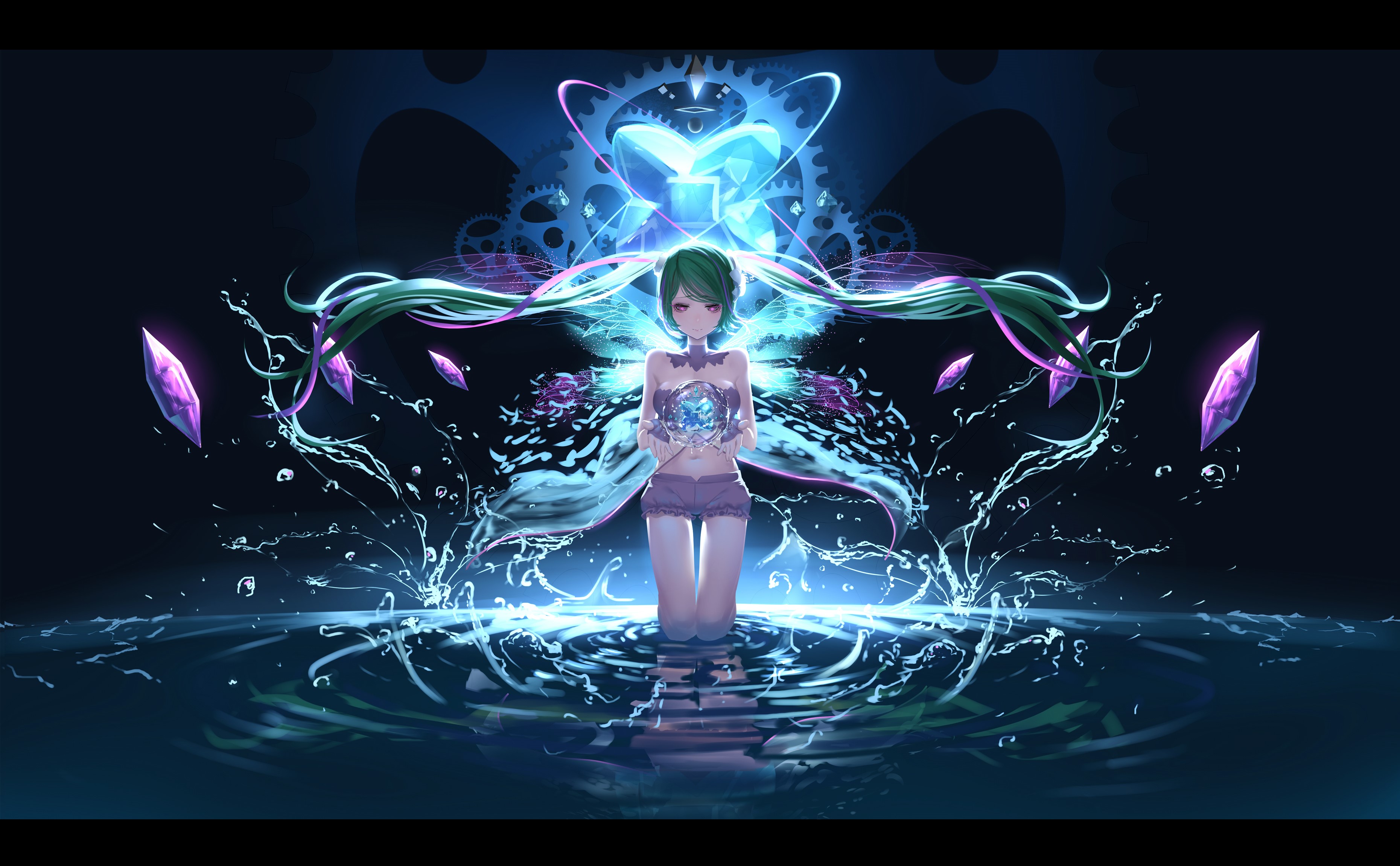Hatsune Miku from Vocaloid in water with crystals HD Wallpaper
