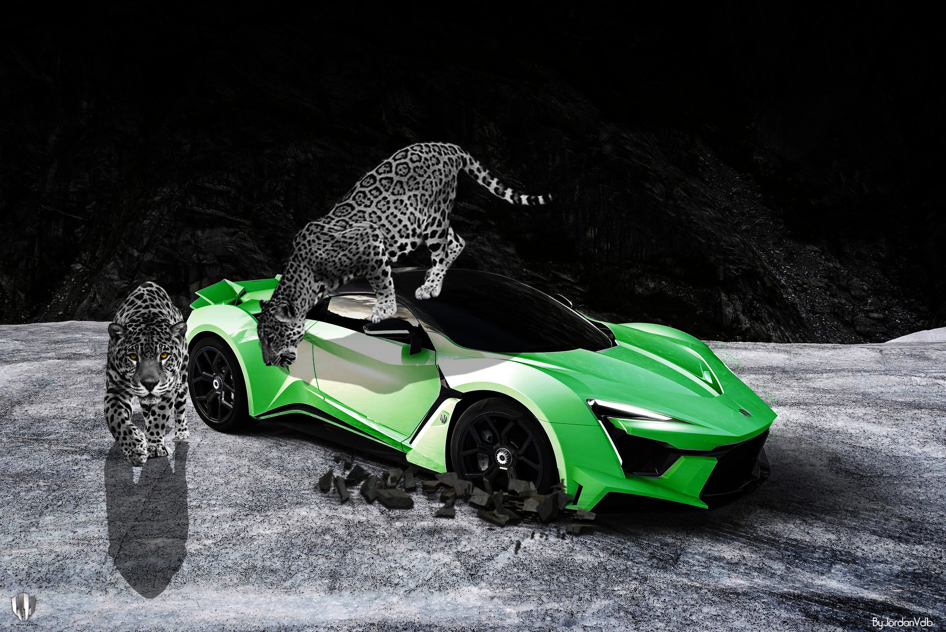 Two jaguars and a green sports car HD Wallpaper