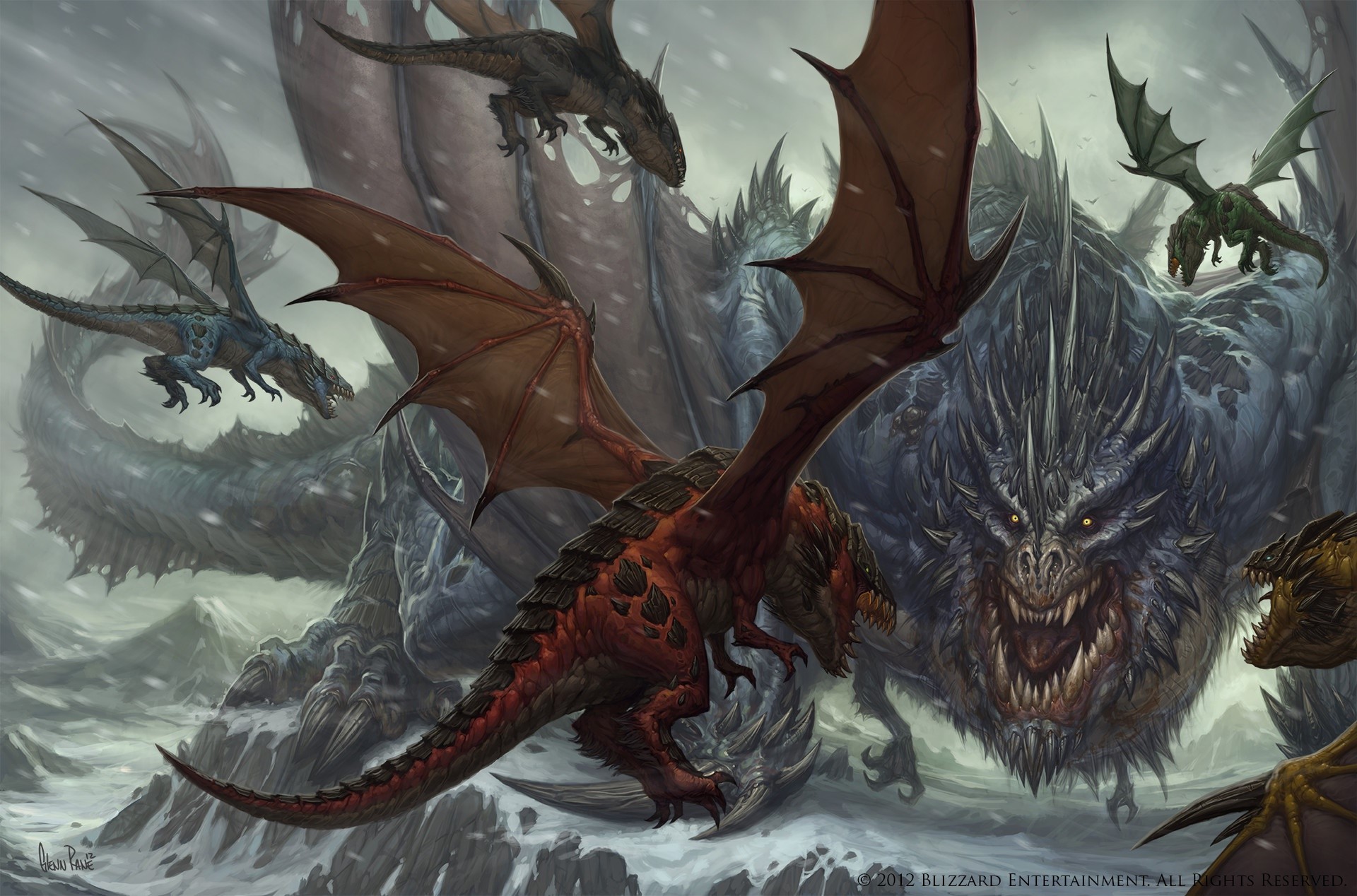 World of Warcraft Dragons in a Snowy Landscape HD Wallpaper