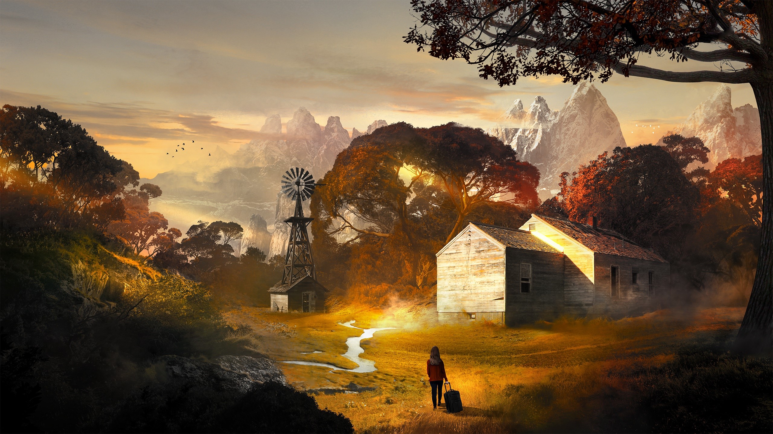 Person with suitcase near house and windmill in mountains HD Wallpaper