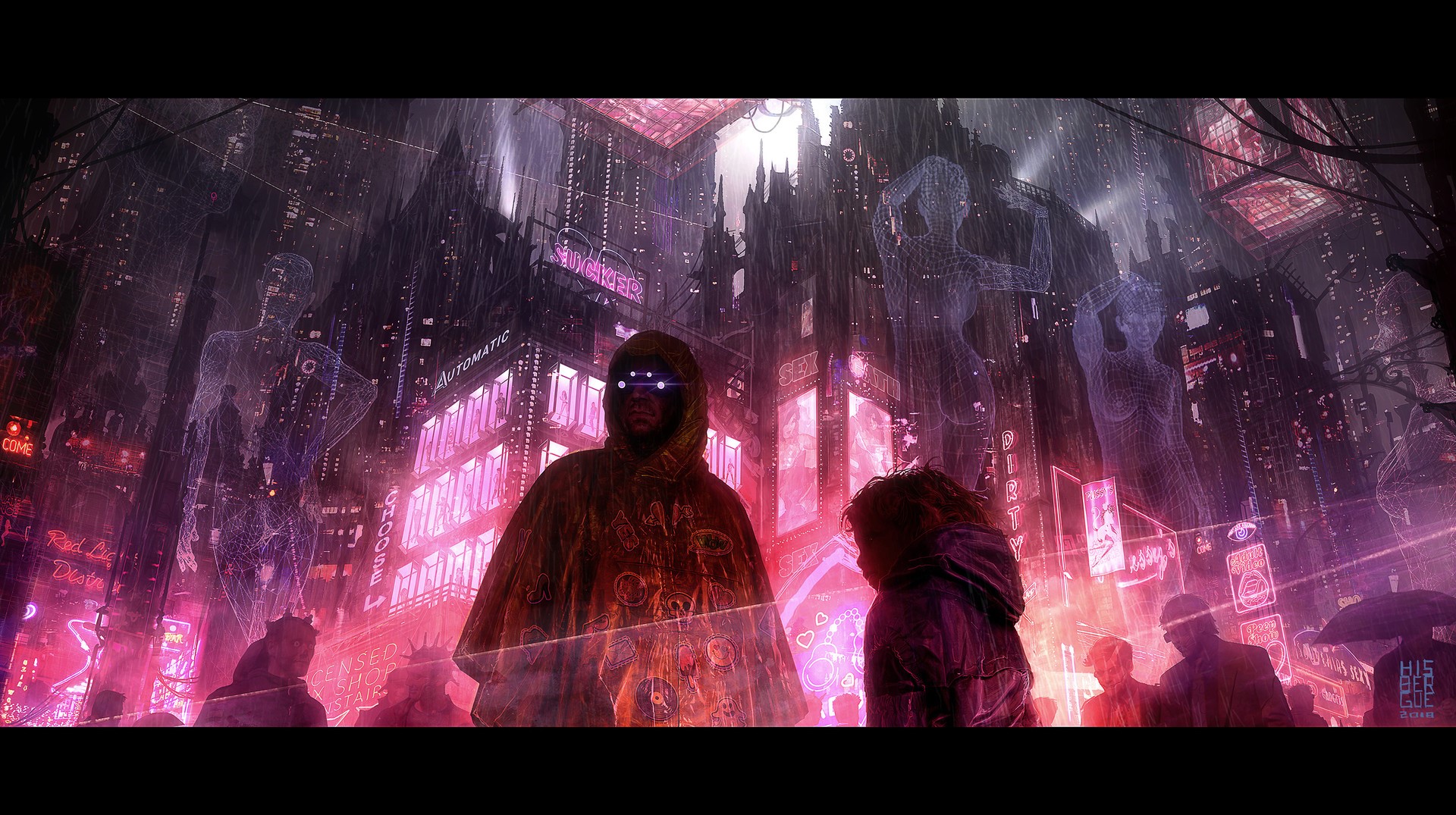 Cyberpunk city street with holographic figures and people HD Wallpaper