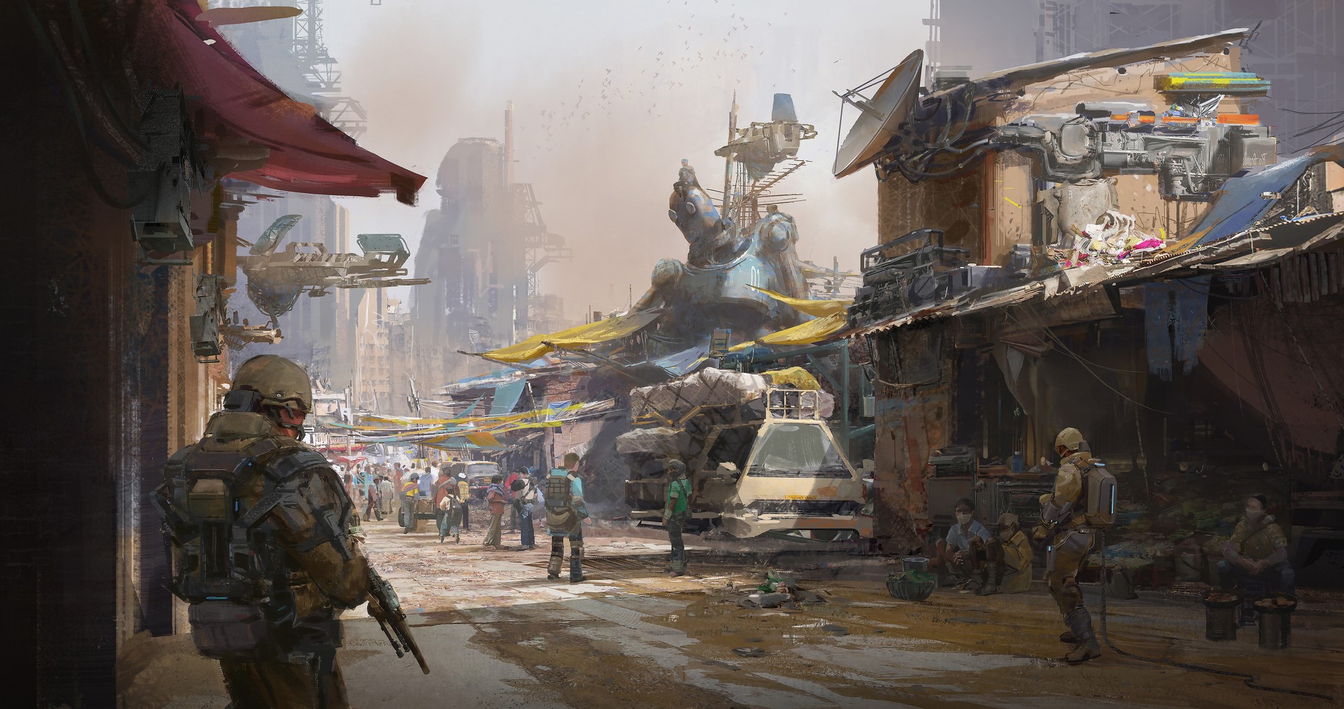 Soldier in a cyberpunk marketplace with flying vehicles HD Wallpaper