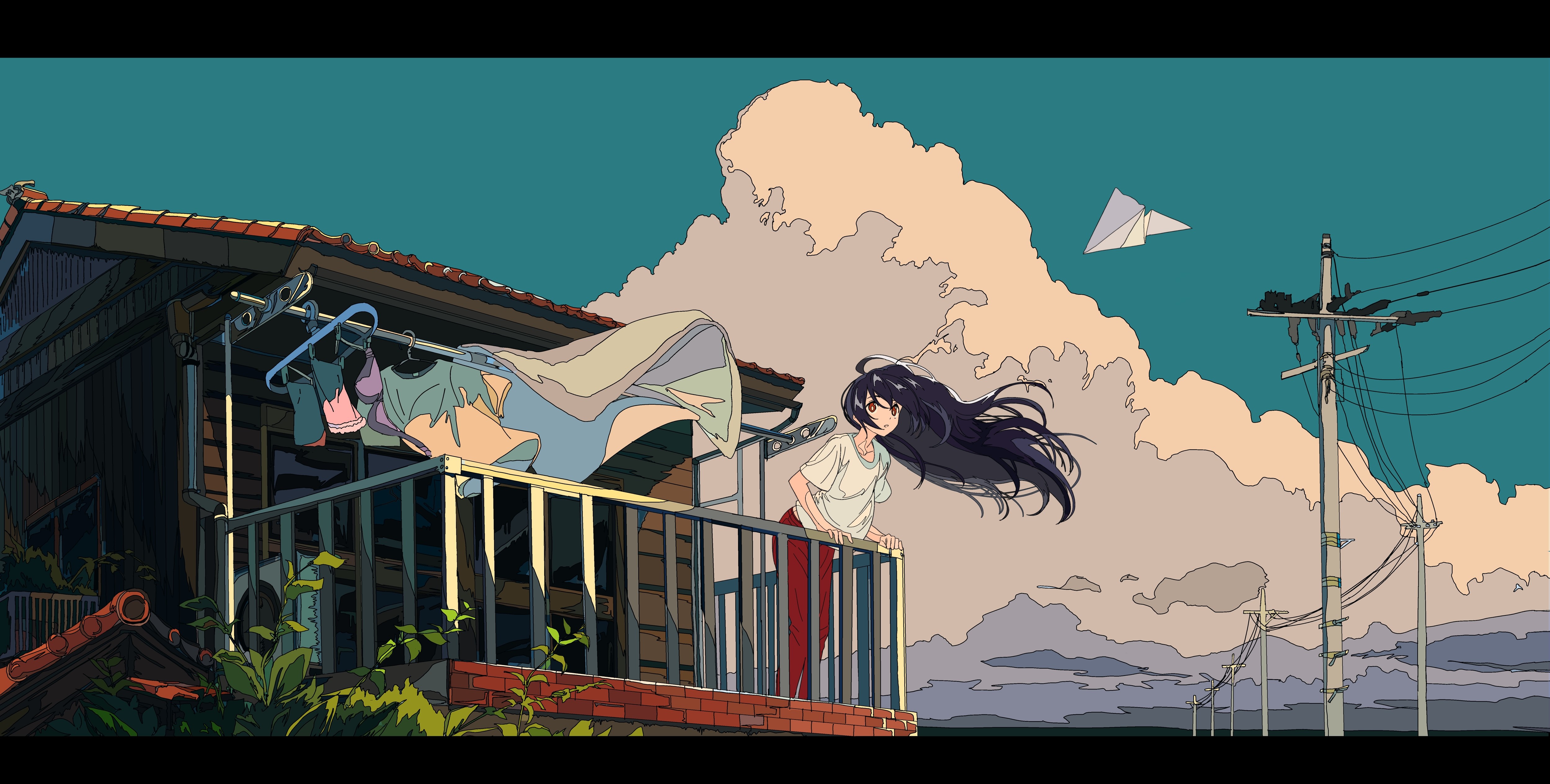 Anime girl on balcony with paper plane HD Wallpaper