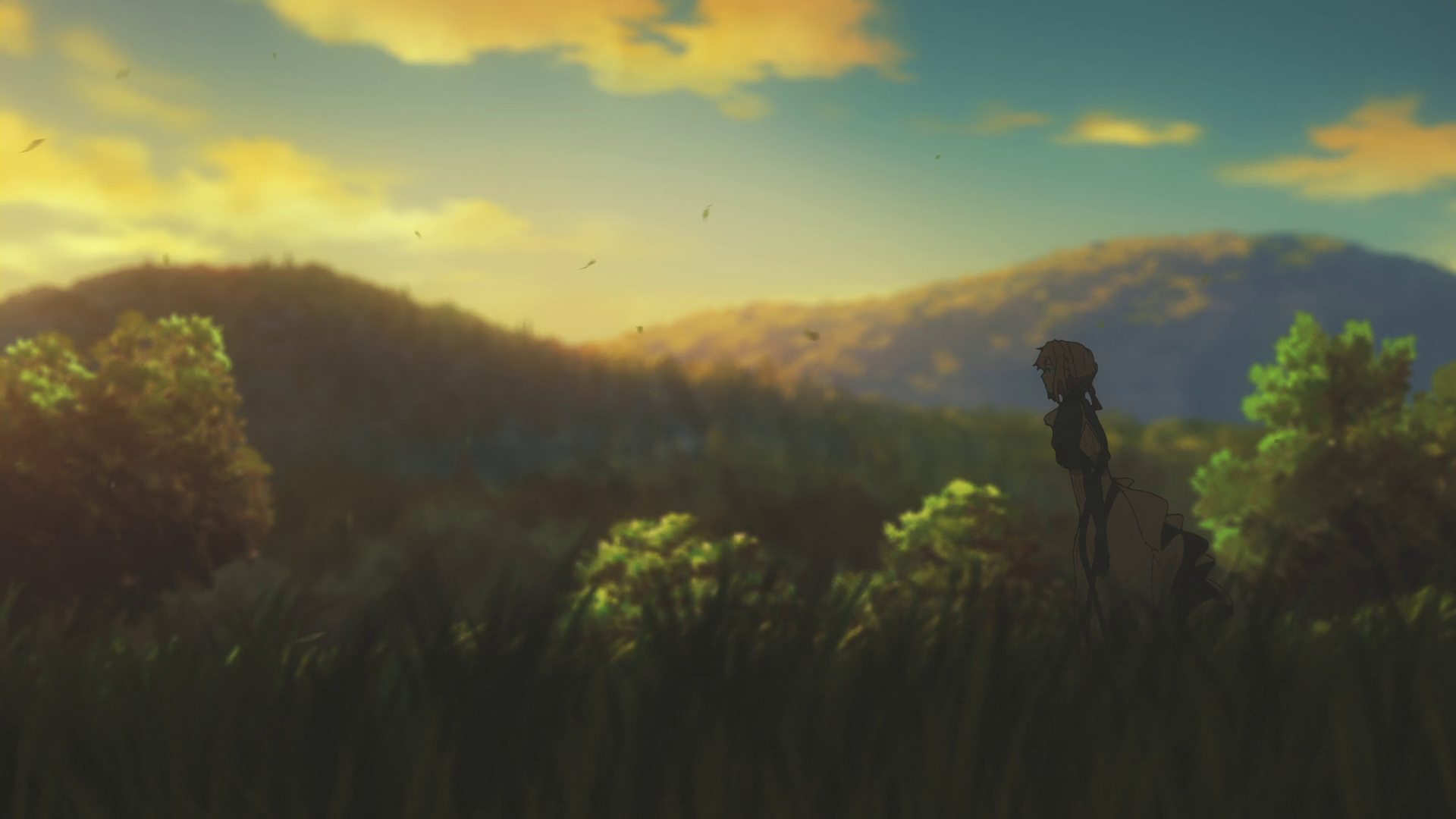Violet Evergarden in a grassy field at sunset HD Wallpaper