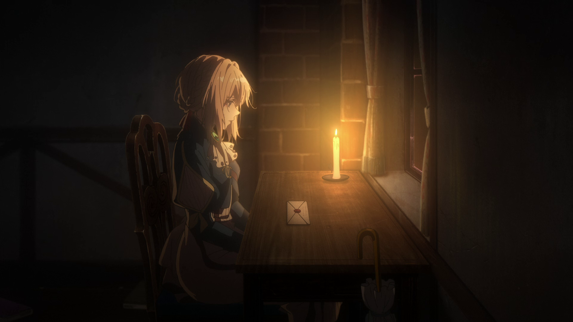 Violet Evergarden sitting at a desk with a candle HD Wallpaper