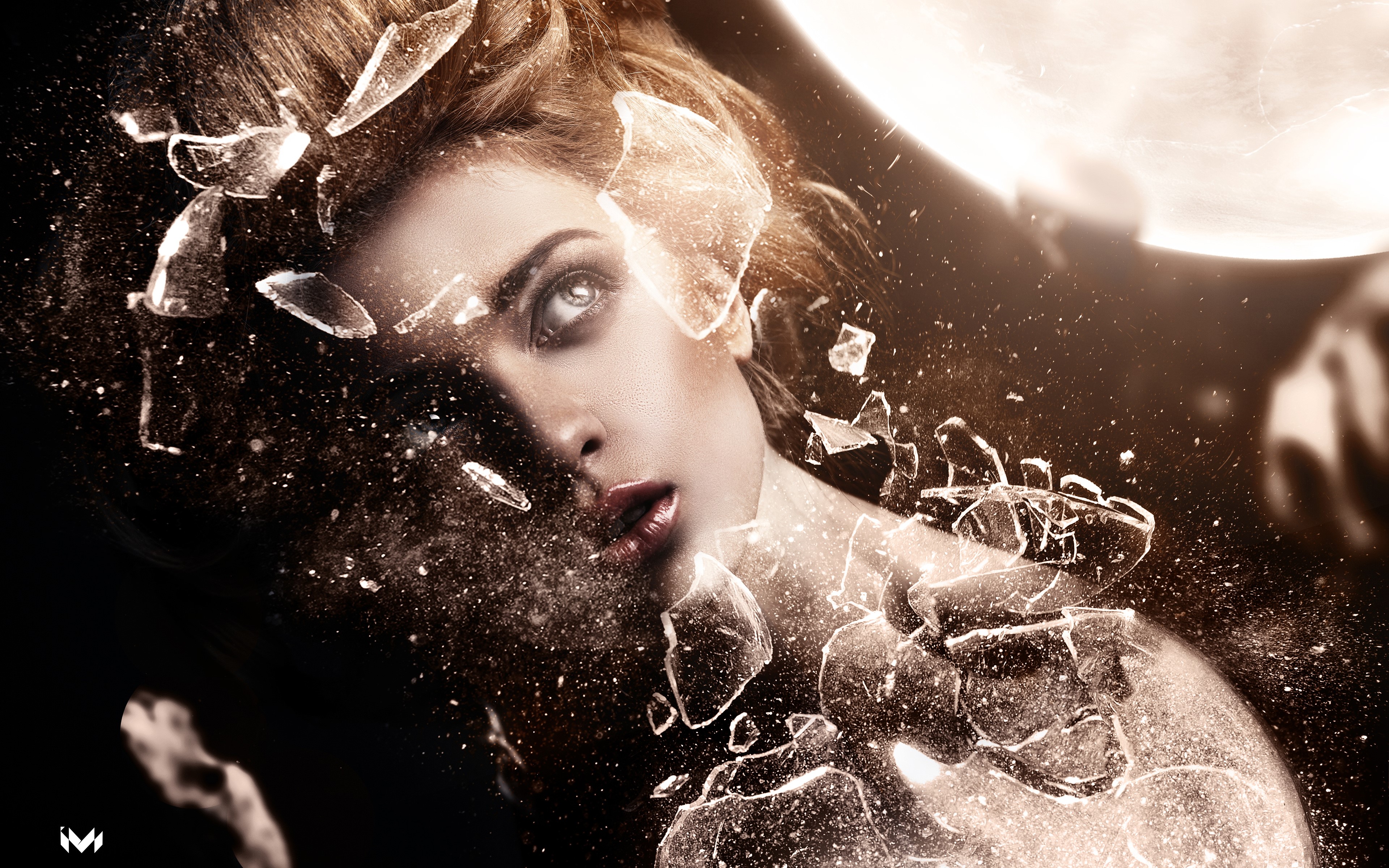 Woman with shattered glass and makeup HD Wallpaper