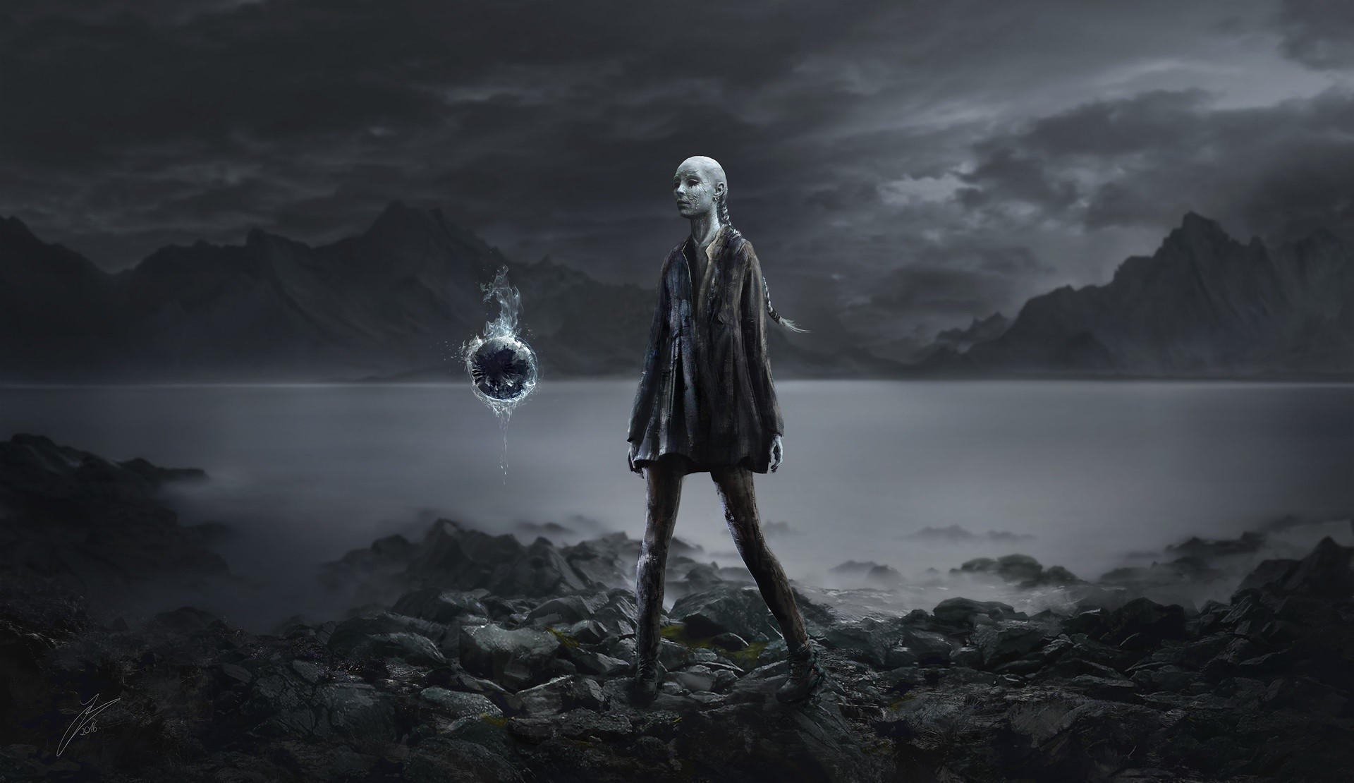 Fantasy girl holding a glowing orb in a dark landscape HD Wallpaper
