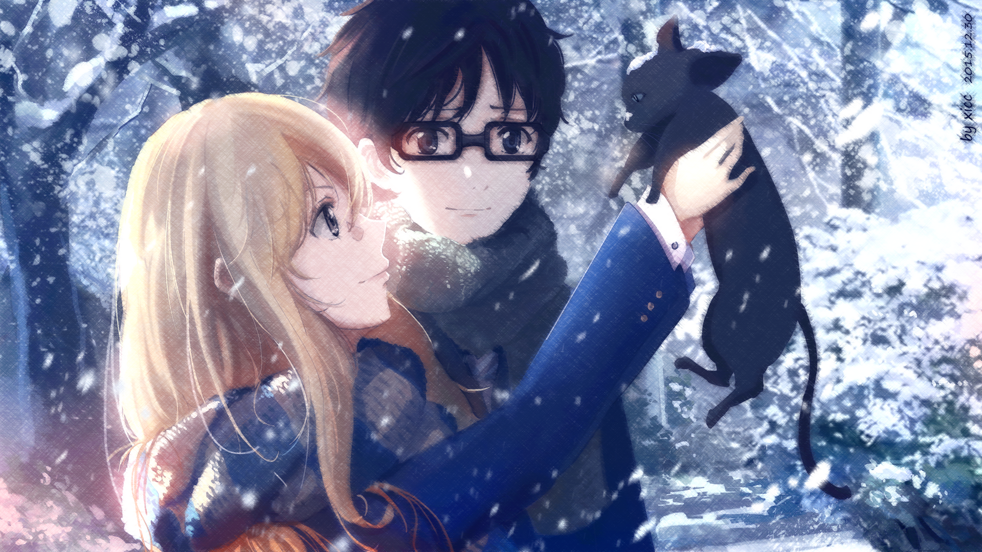 Kaori and Kousei from Your Lie in April with a cat in winter HD Wallpaper