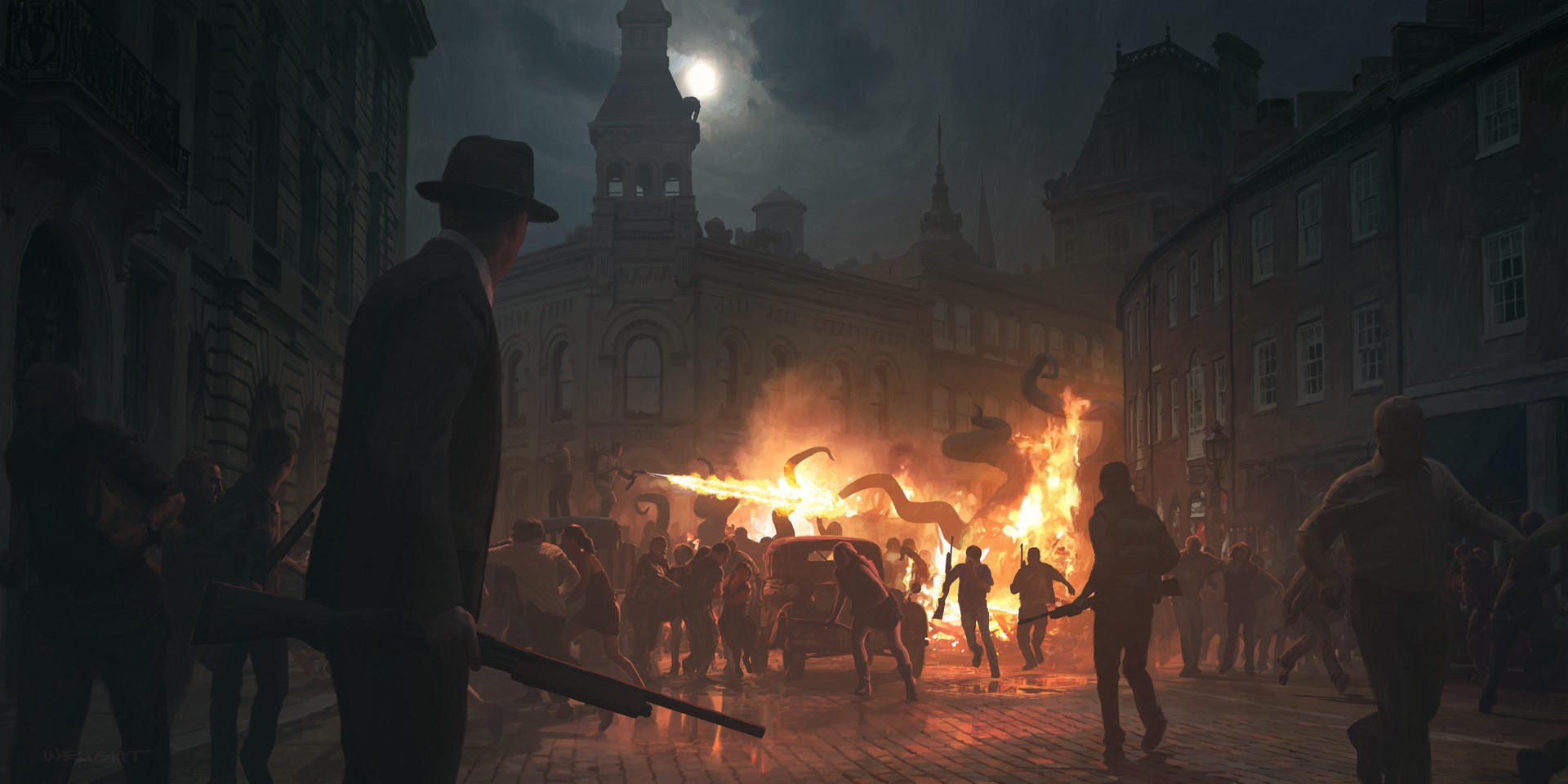 Tentacles and fire engulf a city street at night HD Wallpaper