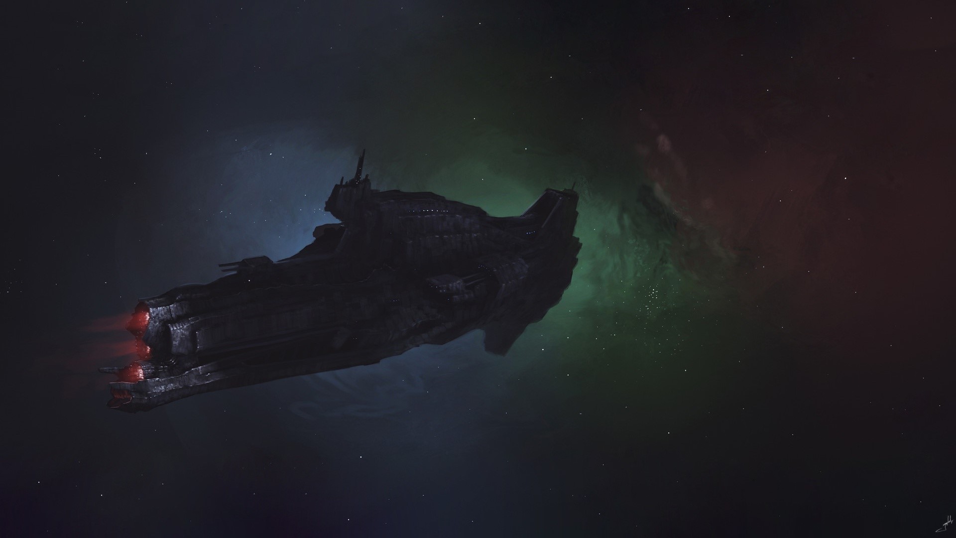Dark spaceship in a nebula with stars HD Wallpaper