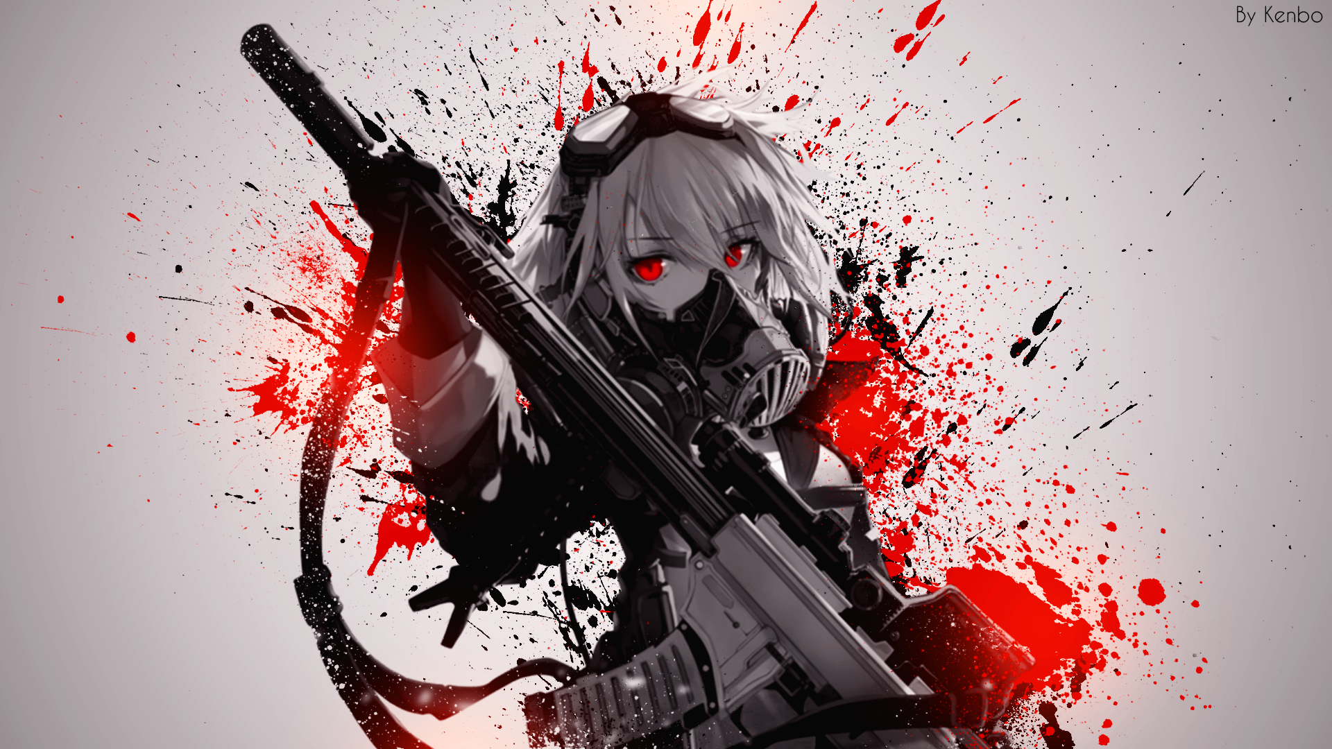 Anime girl with sniper rifle and gas mask HD Wallpaper