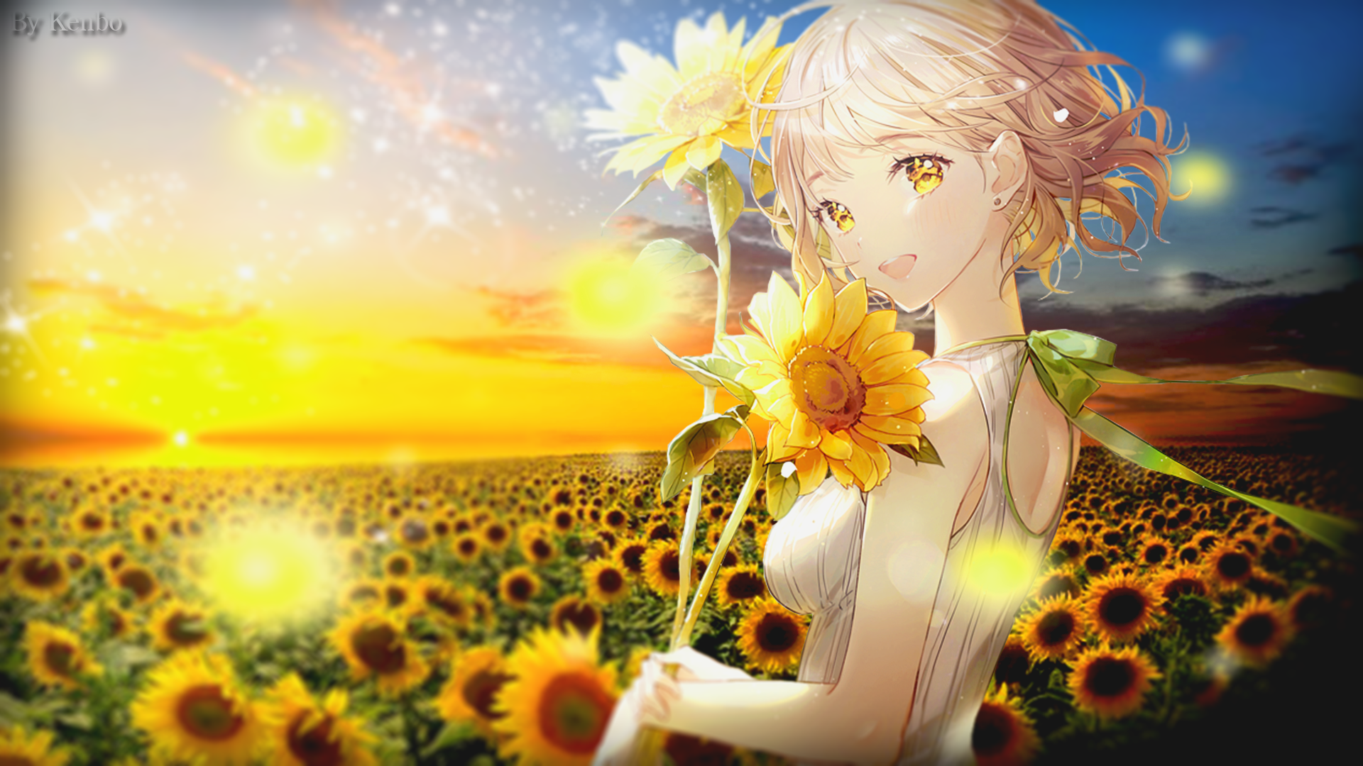 Anime girl with sunflowers at sunset HD Wallpaper