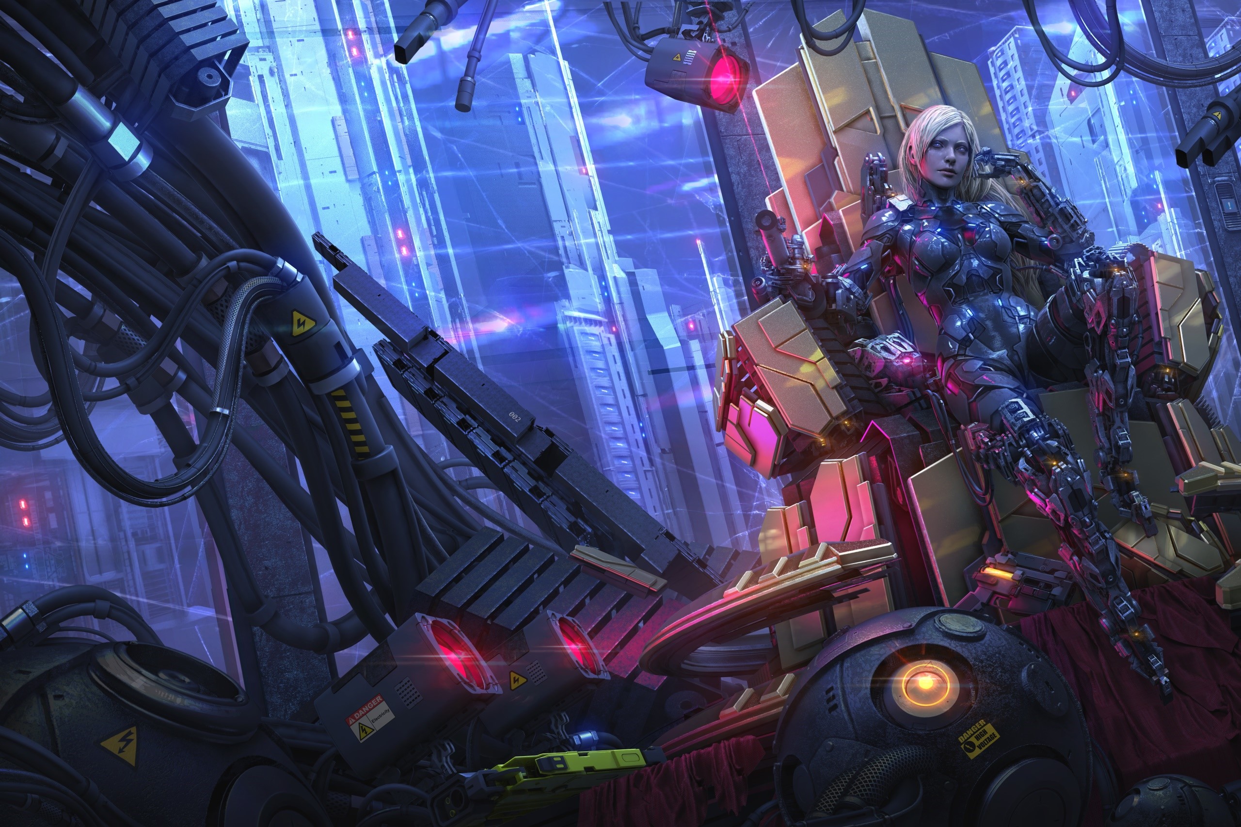 Woman in futuristic armor sitting on a throne in a cyberpunk city HD Wallpaper