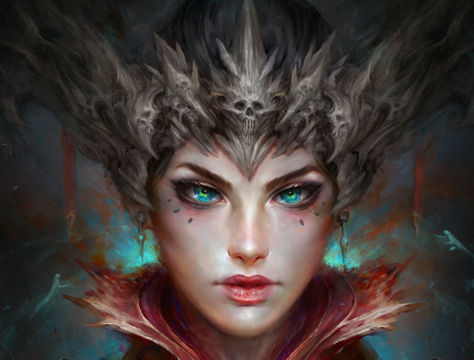 Fantasy art of a woman with blue eyes and a skull crown HD Wallpaper