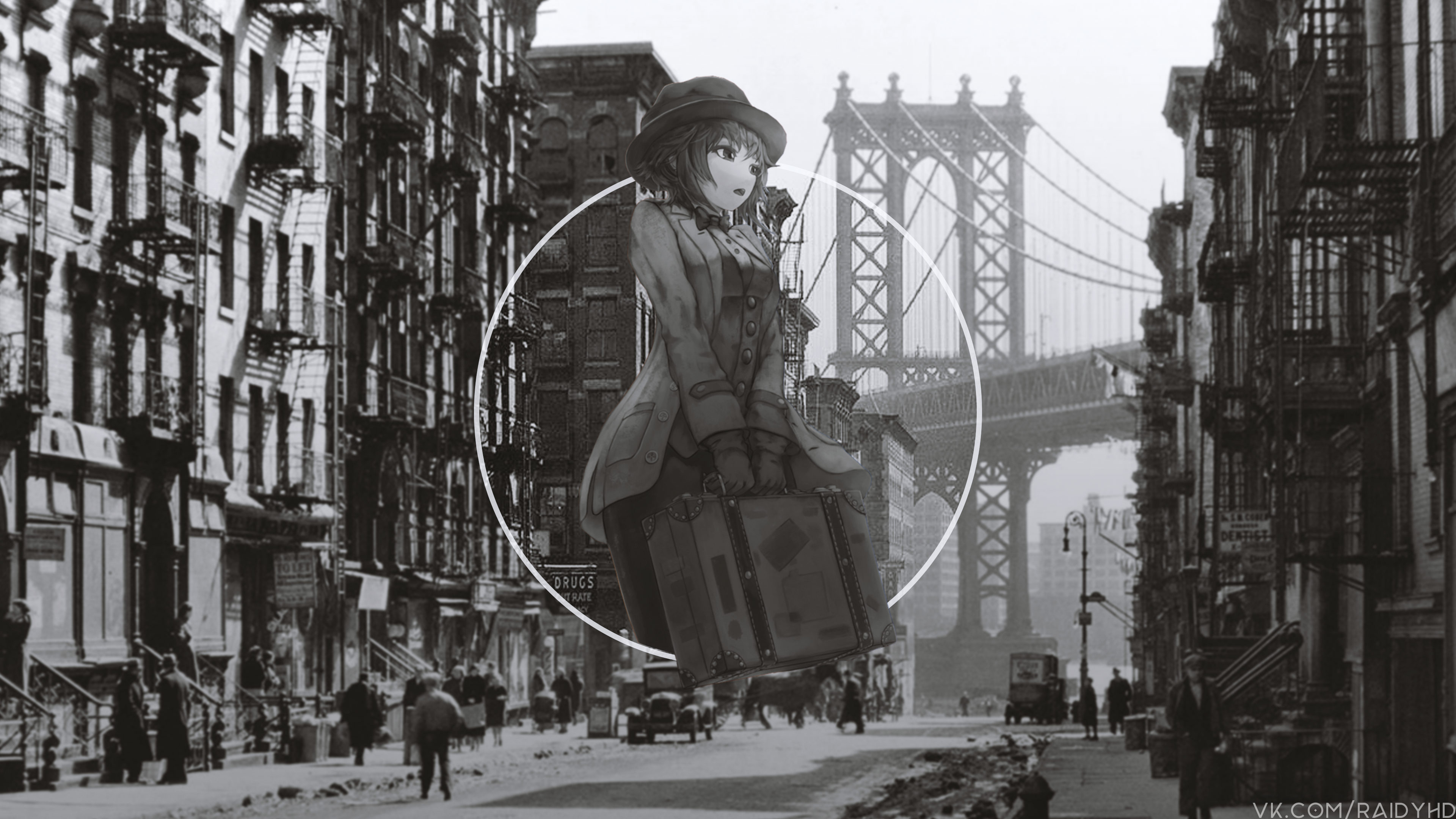 Anime girl with suitcase in New York City HD Wallpaper