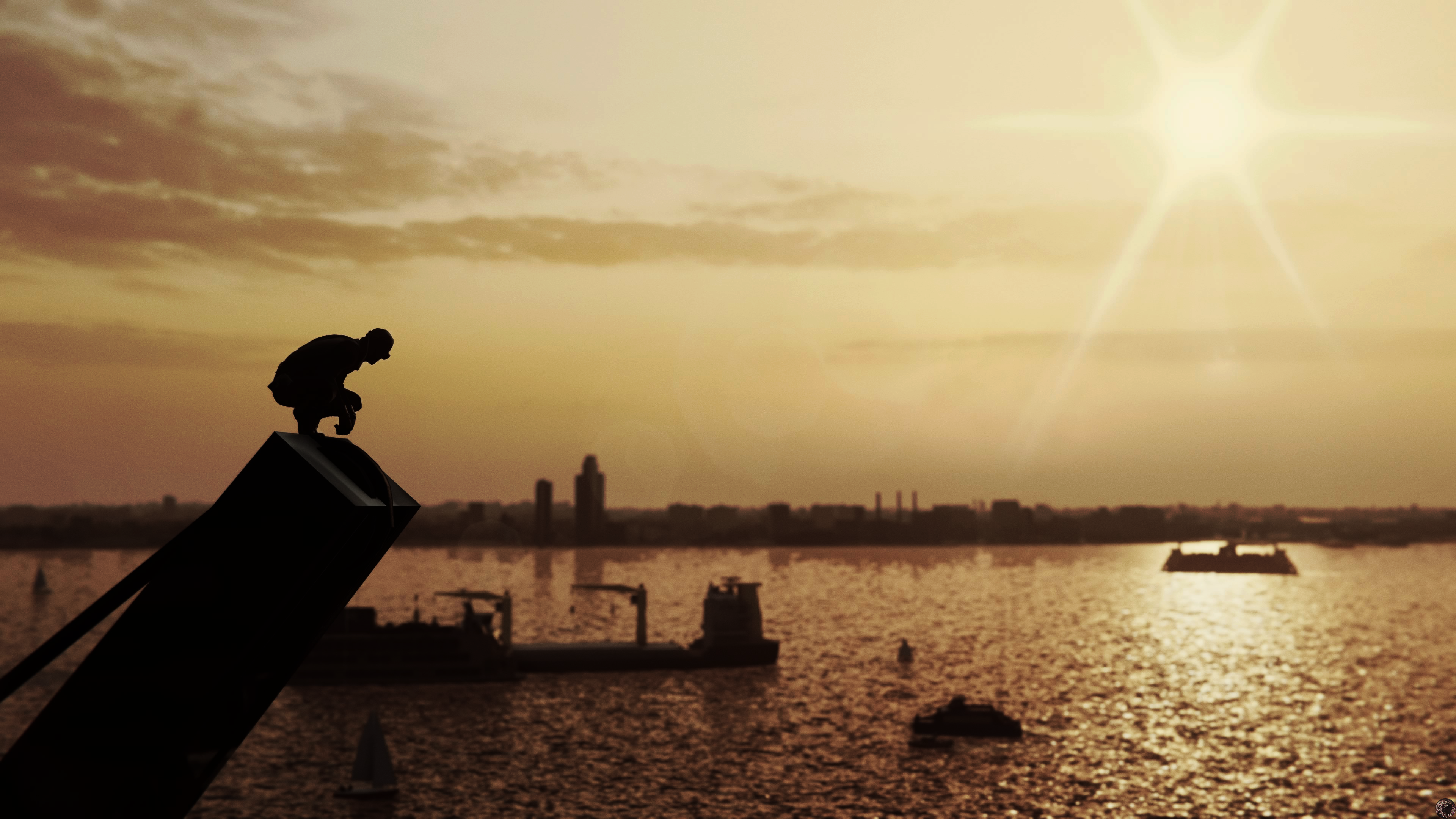 Silhouette of Spider-Man from Marvel's Spider-Man on a structure overlooking a river at sunset HD Wallpaper