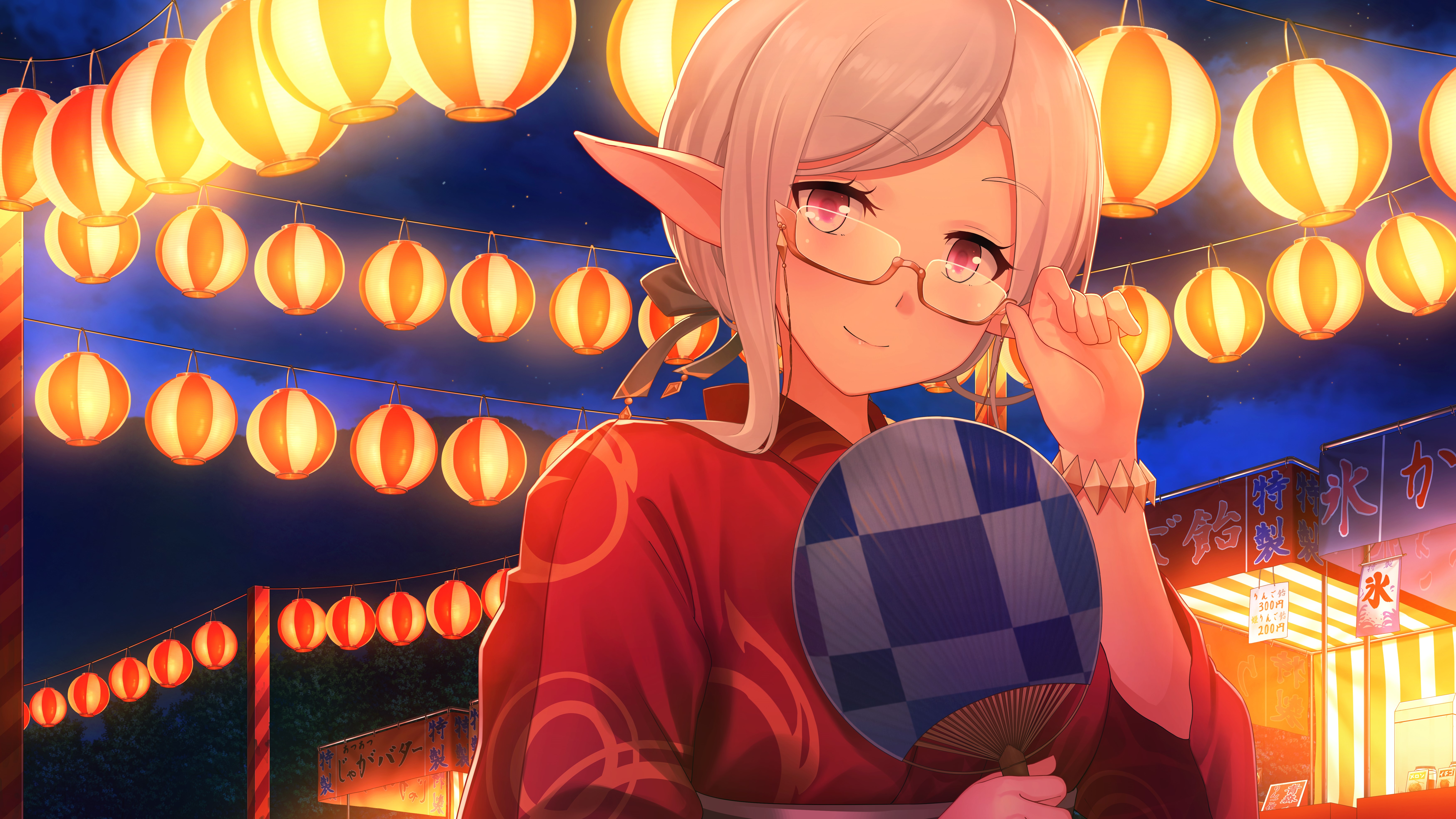 Anime girl with glasses and pointy ears in yukata holding fan HD Wallpaper