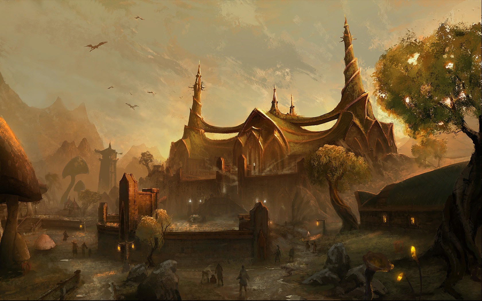 Fantasy city with unique architecture and flying creatures HD Wallpaper