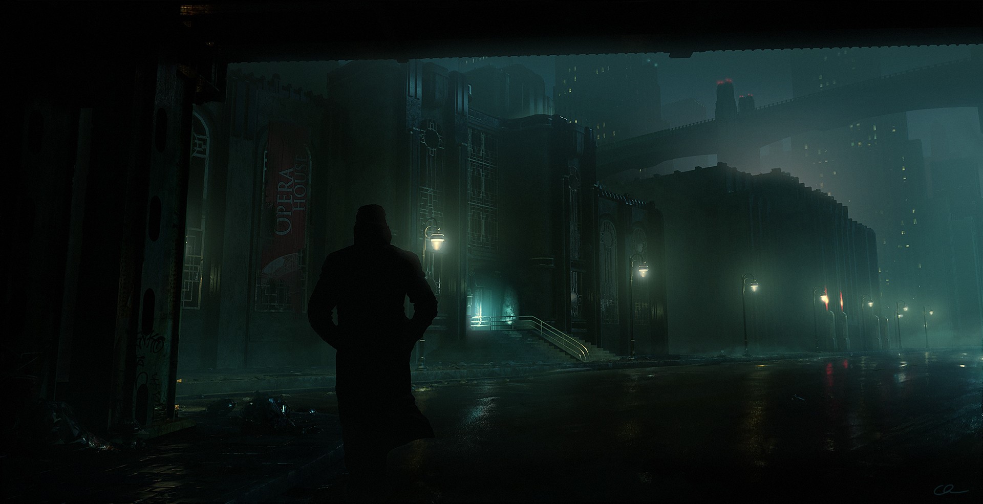 Man in trench coat in front of Opera House at night HD Wallpaper
