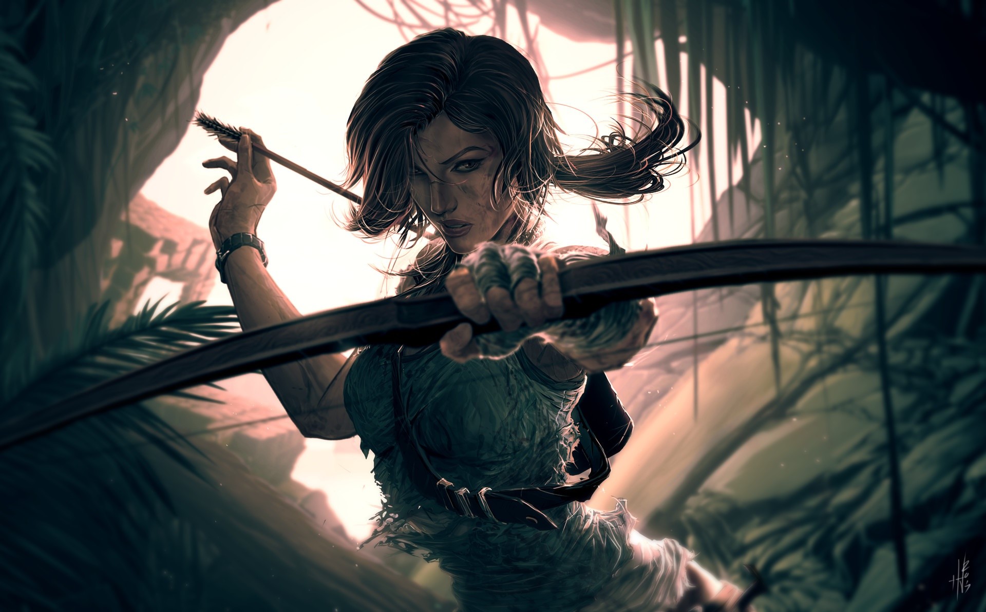 Lara Croft from Tomb Raider aiming a bow HD Wallpaper