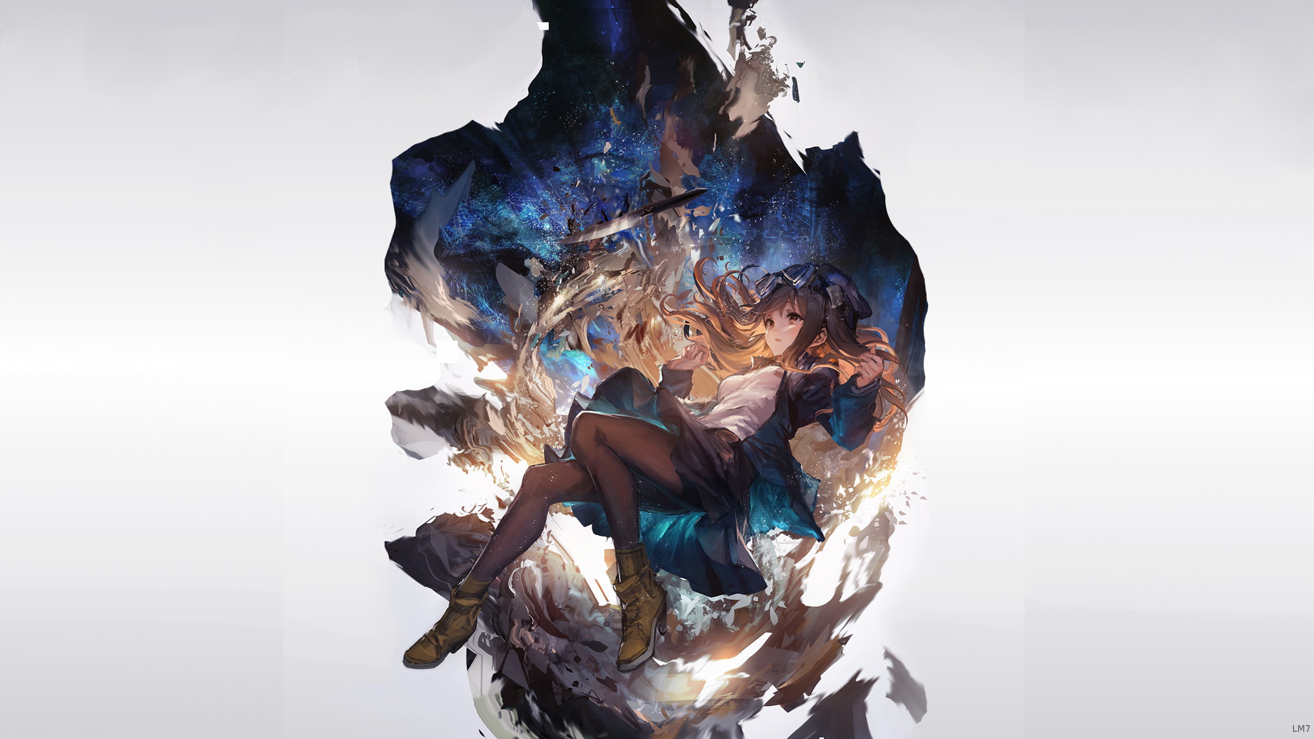 Anime girl floating in cosmic debris HD Wallpaper