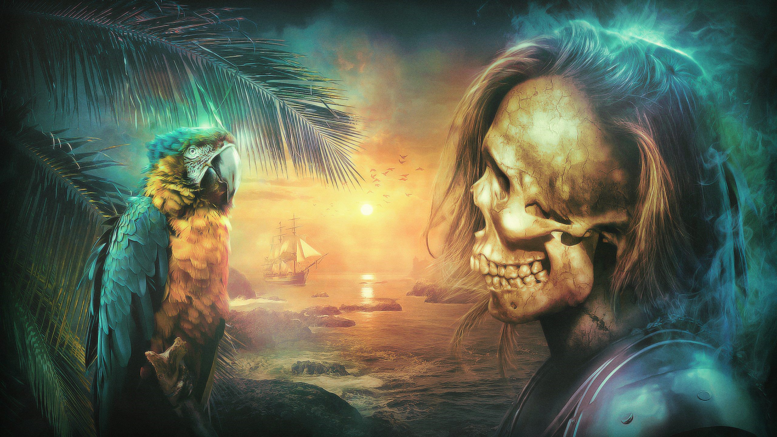 Pirate parrot and skull at sunset with pirate ship HD Wallpaper