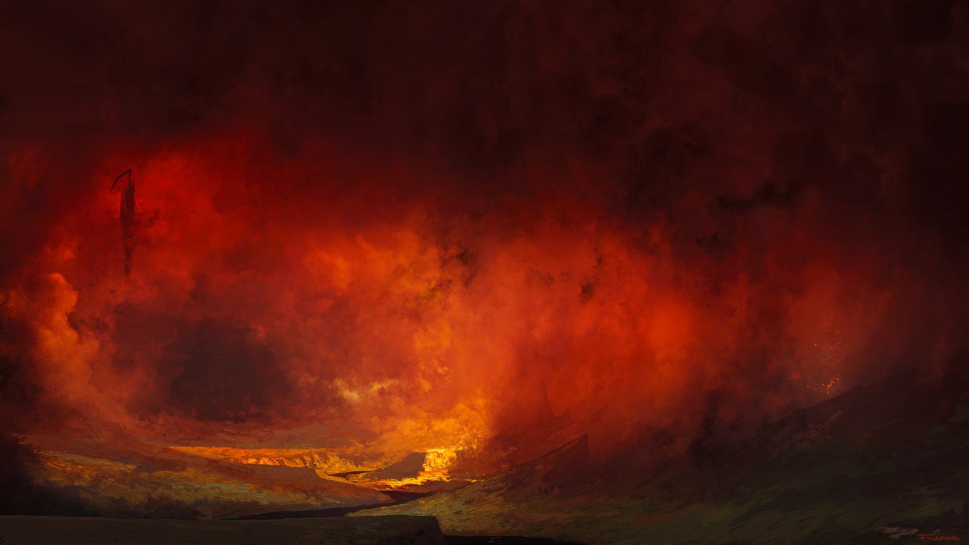 Grim Reaper in a fiery, dark fantasy landscape HD Wallpaper