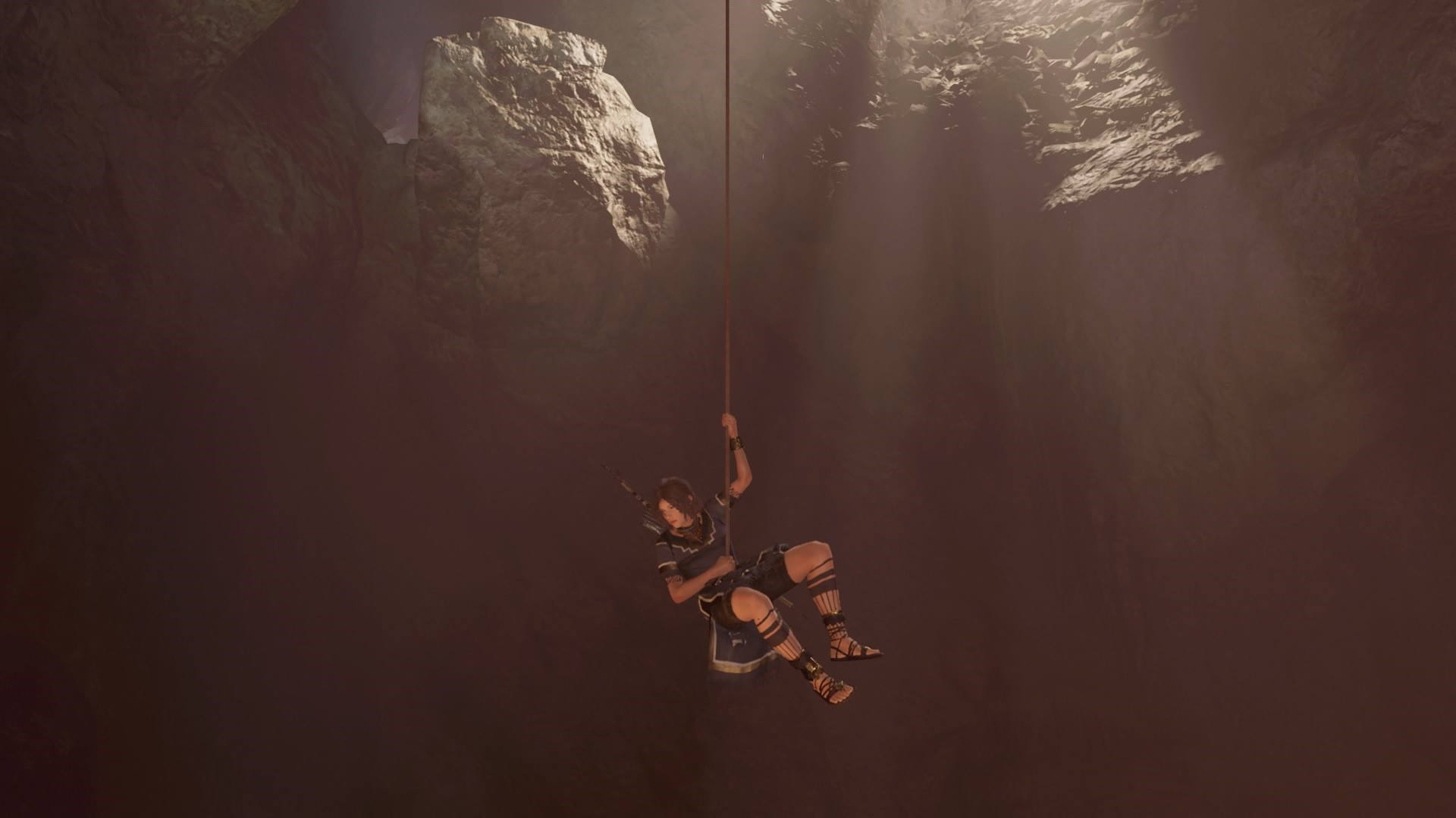 Lara Croft from Shadow of the Tomb Raider rappelling down a cave HD Wallpaper