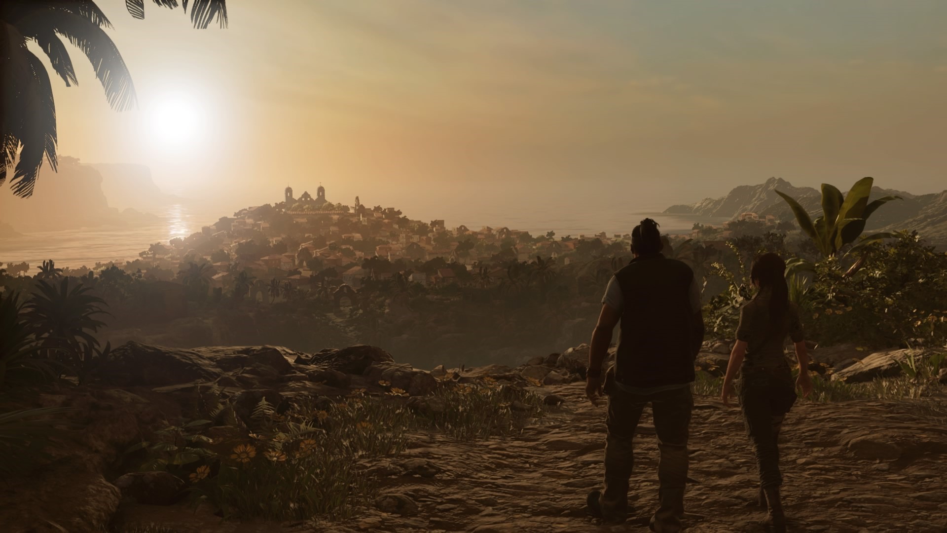 Lara Croft from Shadow of the Tomb Raider overlooking a town HD Wallpaper