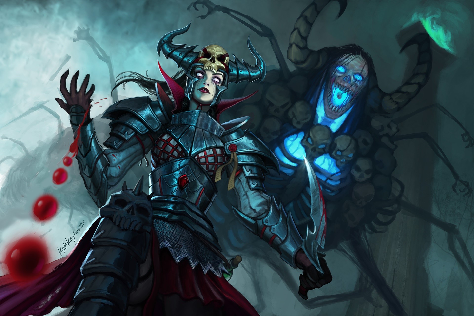 Dark fantasy artwork of a female warrior and a skull creature HD Wallpaper