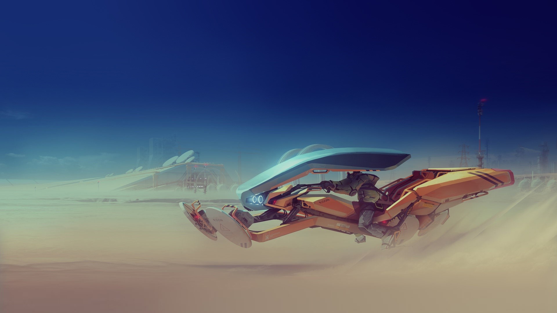 Futuristic hovercraft in a desert landscape HD Wallpaper