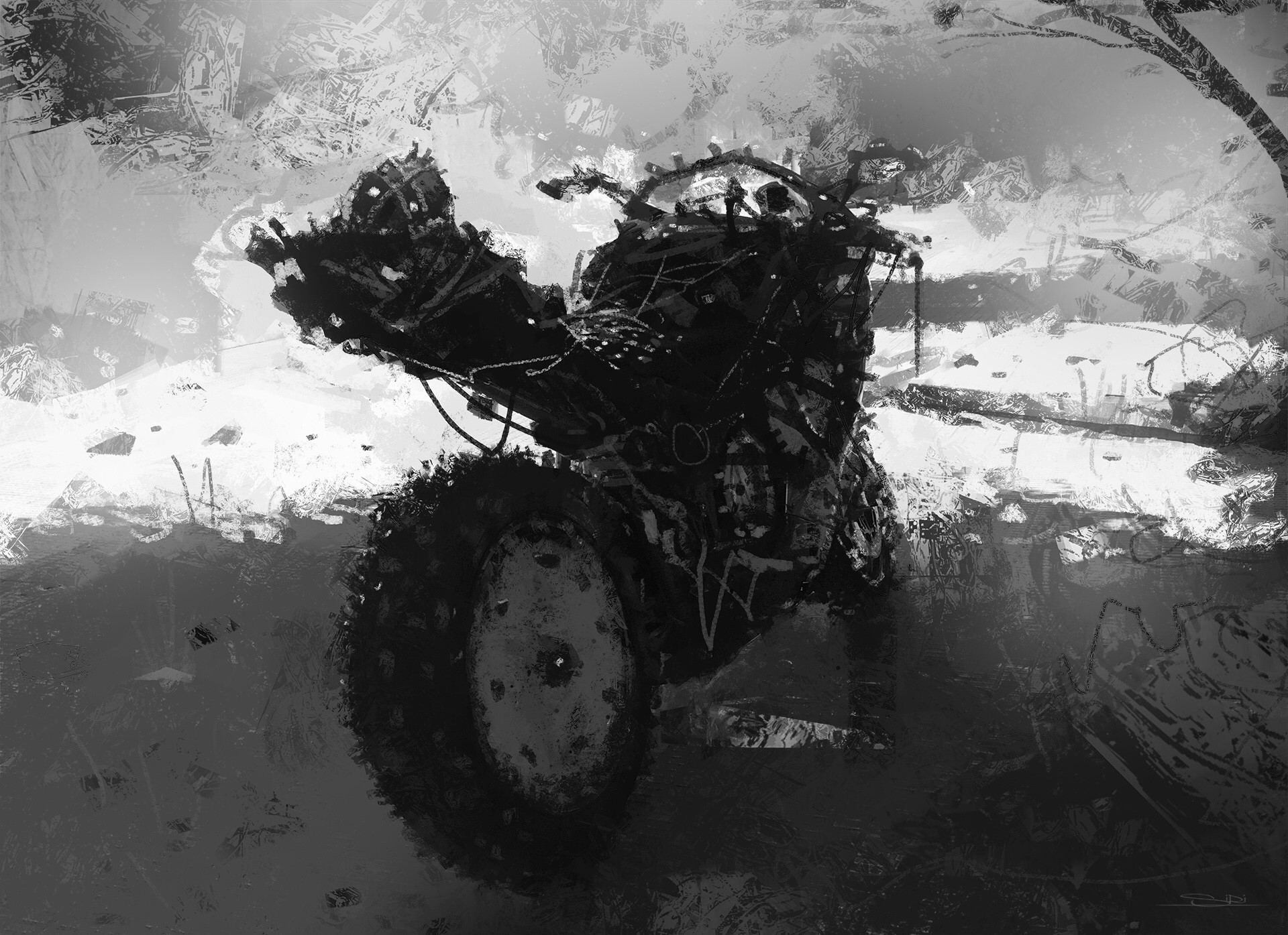 Monochrome digital art of a damaged motorcycle HD Wallpaper