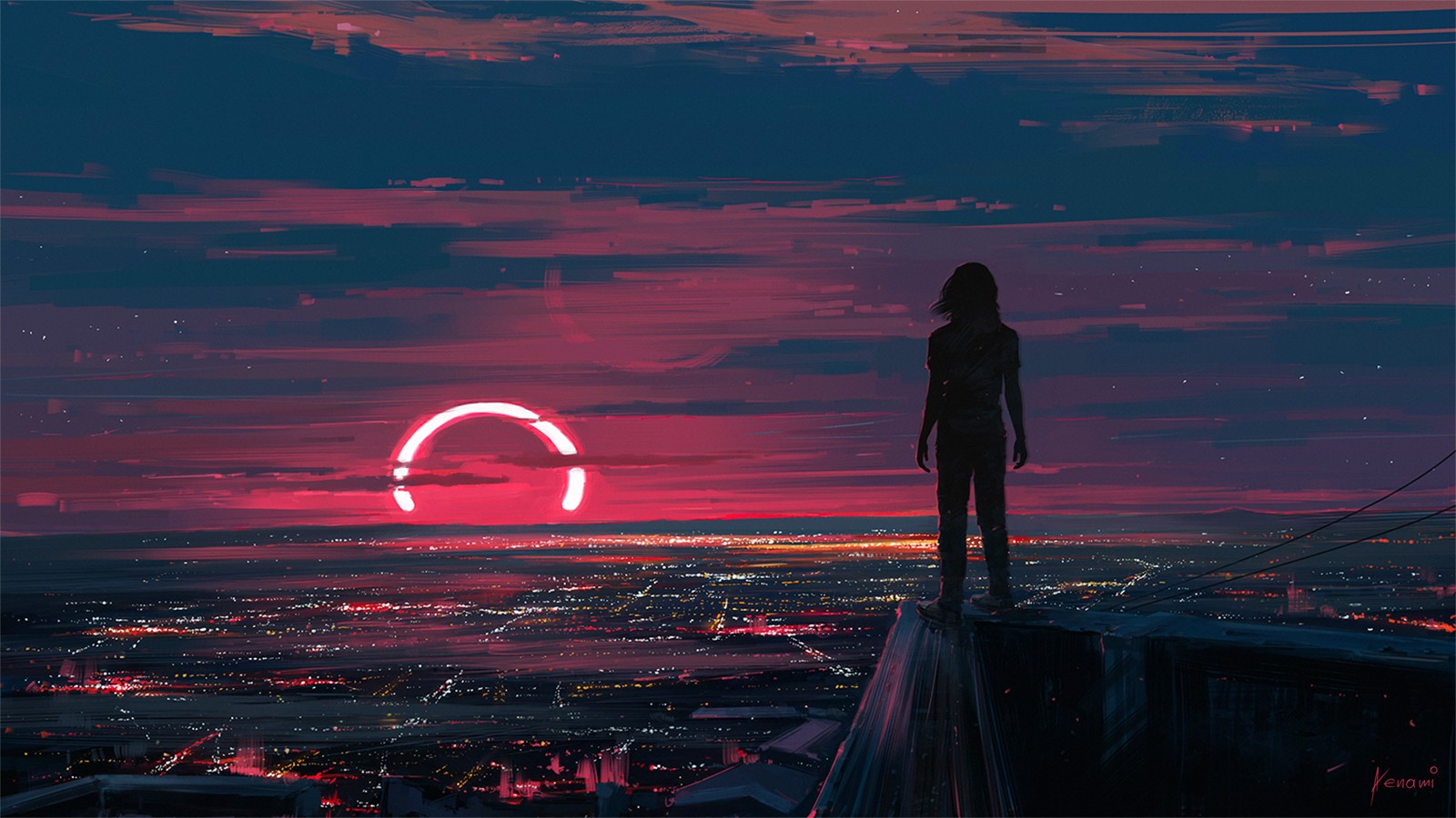 Girl on rooftop watching a ring-shaped sunset over city HD Wallpaper