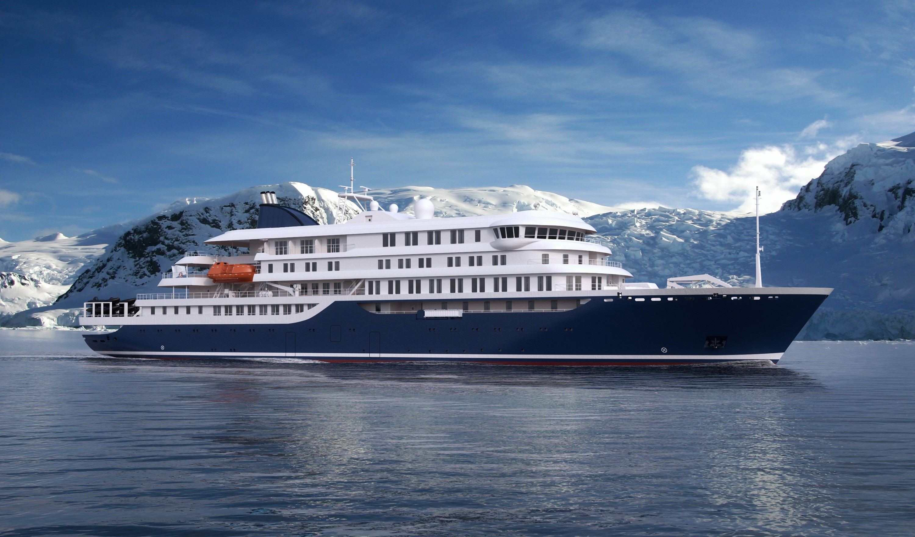 Cruise ship sailing in icy waters with snow-capped mountains HD Wallpaper