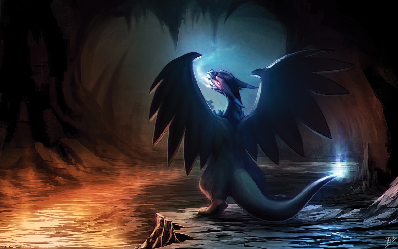 Artwork of a blue dragon in a cave HD Wallpaper