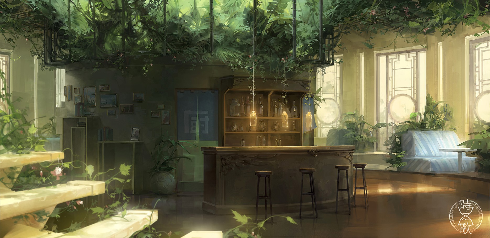 Anime interior artwork of a bar with plants HD Wallpaper