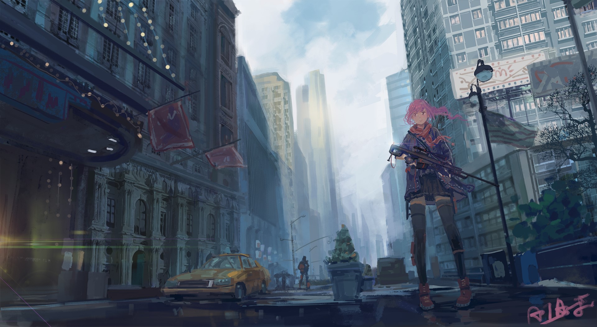 Anime girl with sniper rifle in a city HD Wallpaper