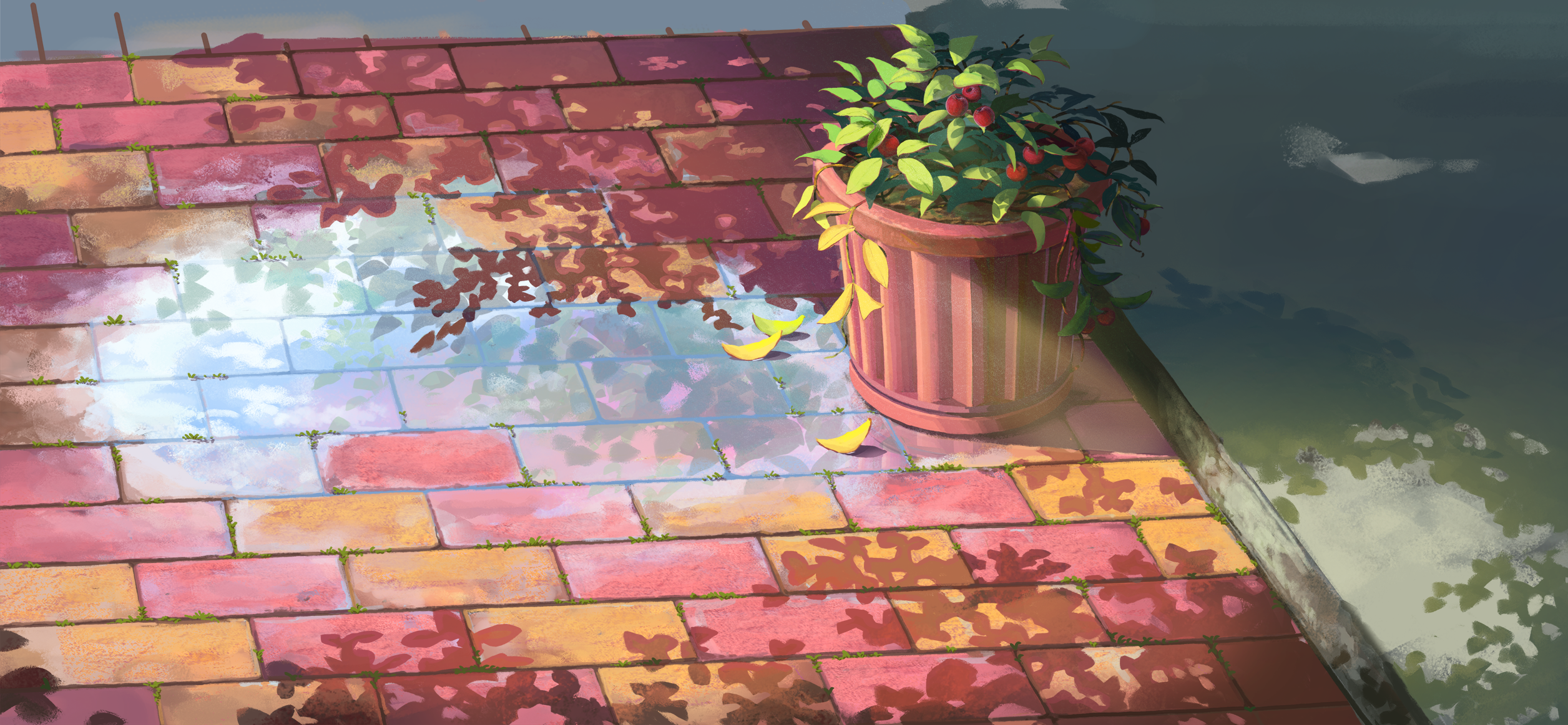 Anime rooftop with potted plant and shadows HD Wallpaper
