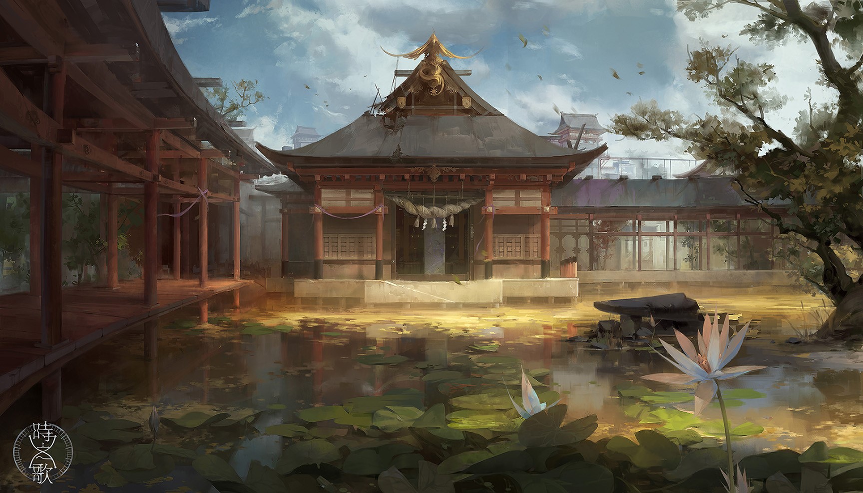 Digital art of a Japanese shrine by a pond HD Wallpaper