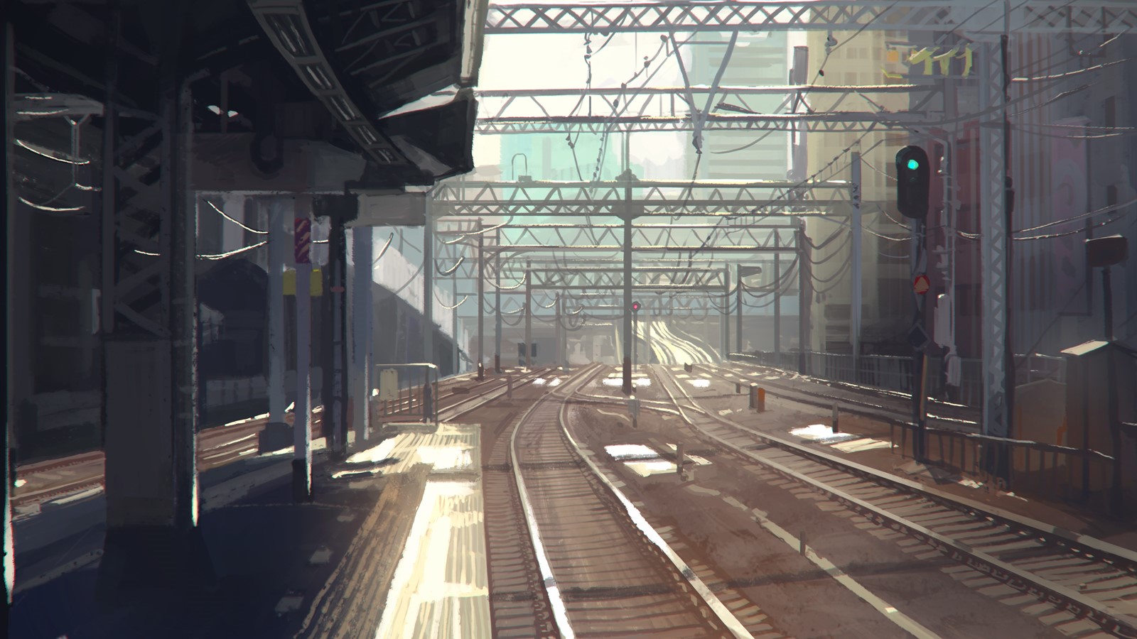 Digital art of a cityscape with railway tracks HD Wallpaper