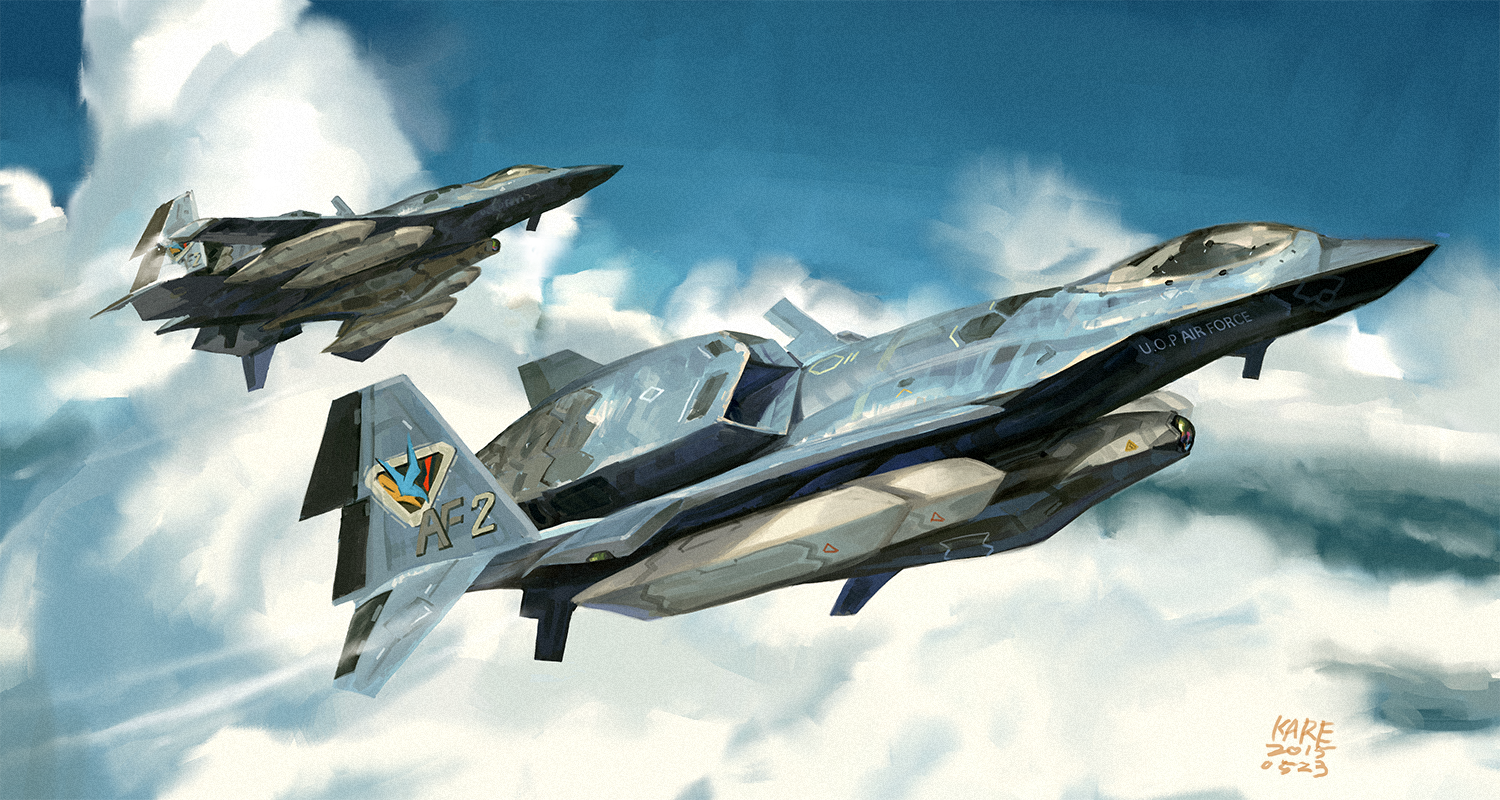 Two futuristic U.S. Air Force fighter jets flying in the clouds HD Wallpaper