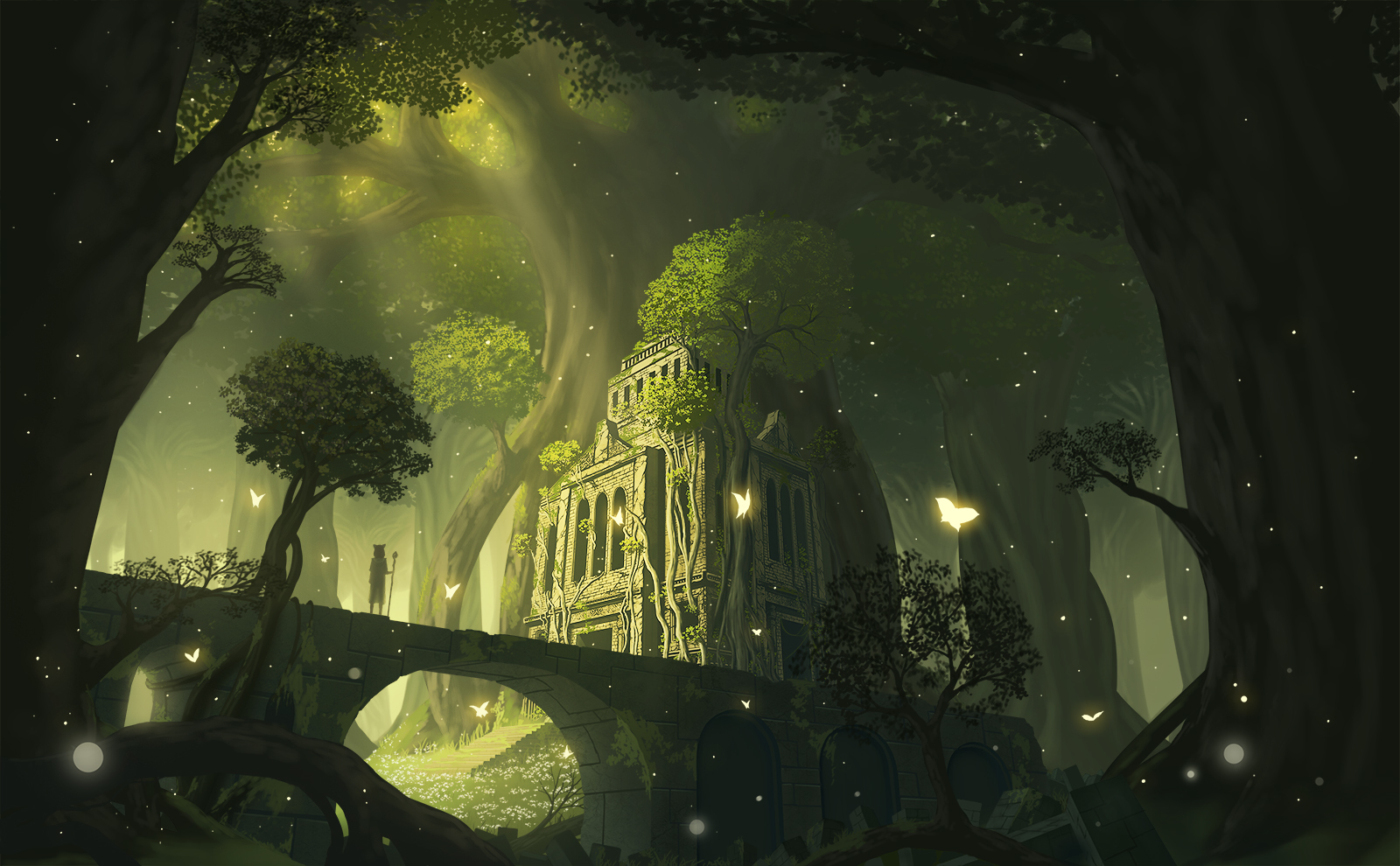 Ancient overgrown ruins in a mystical forest HD Wallpaper