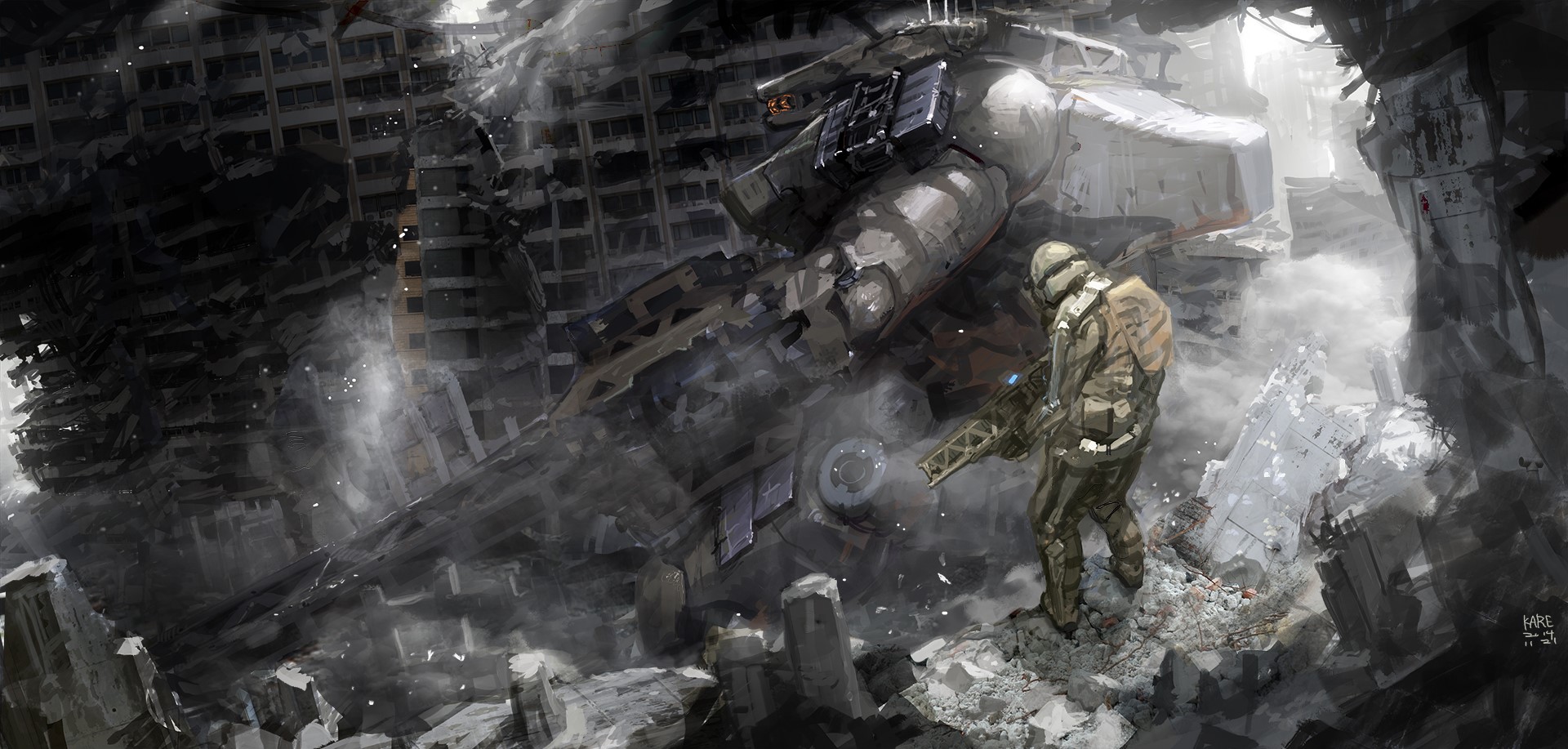 Soldier in a destroyed city with a crashed aircraft HD Wallpaper
