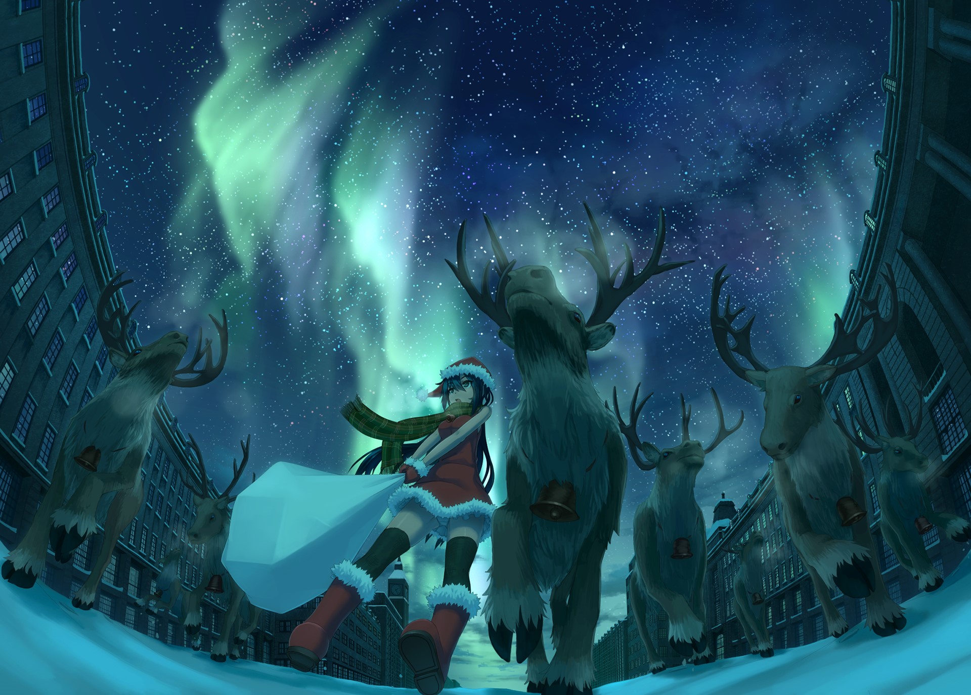 Anime girl in Santa outfit with reindeer under aurora HD Wallpaper