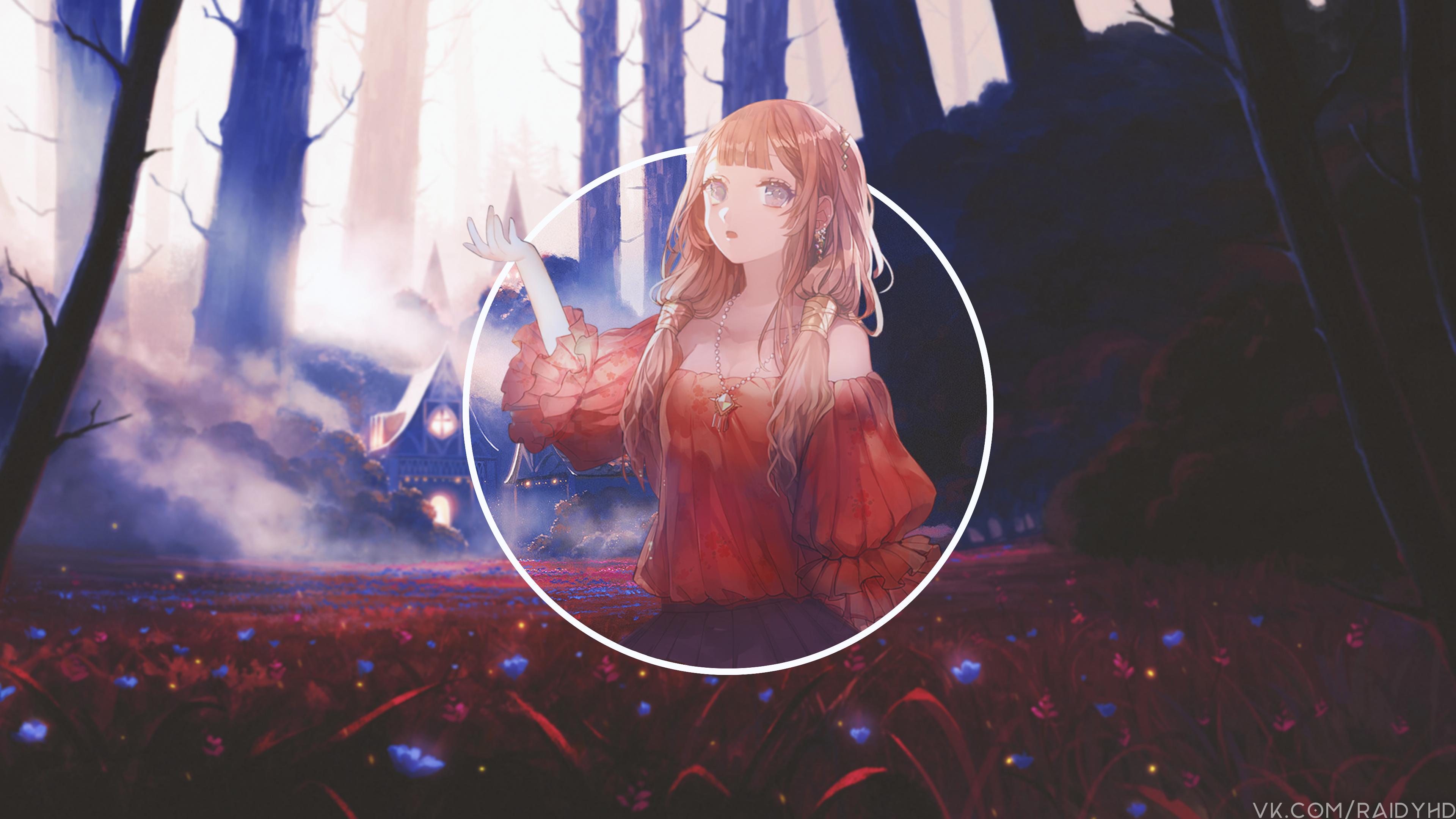 Anime girl in a red dress in a forest HD Wallpaper